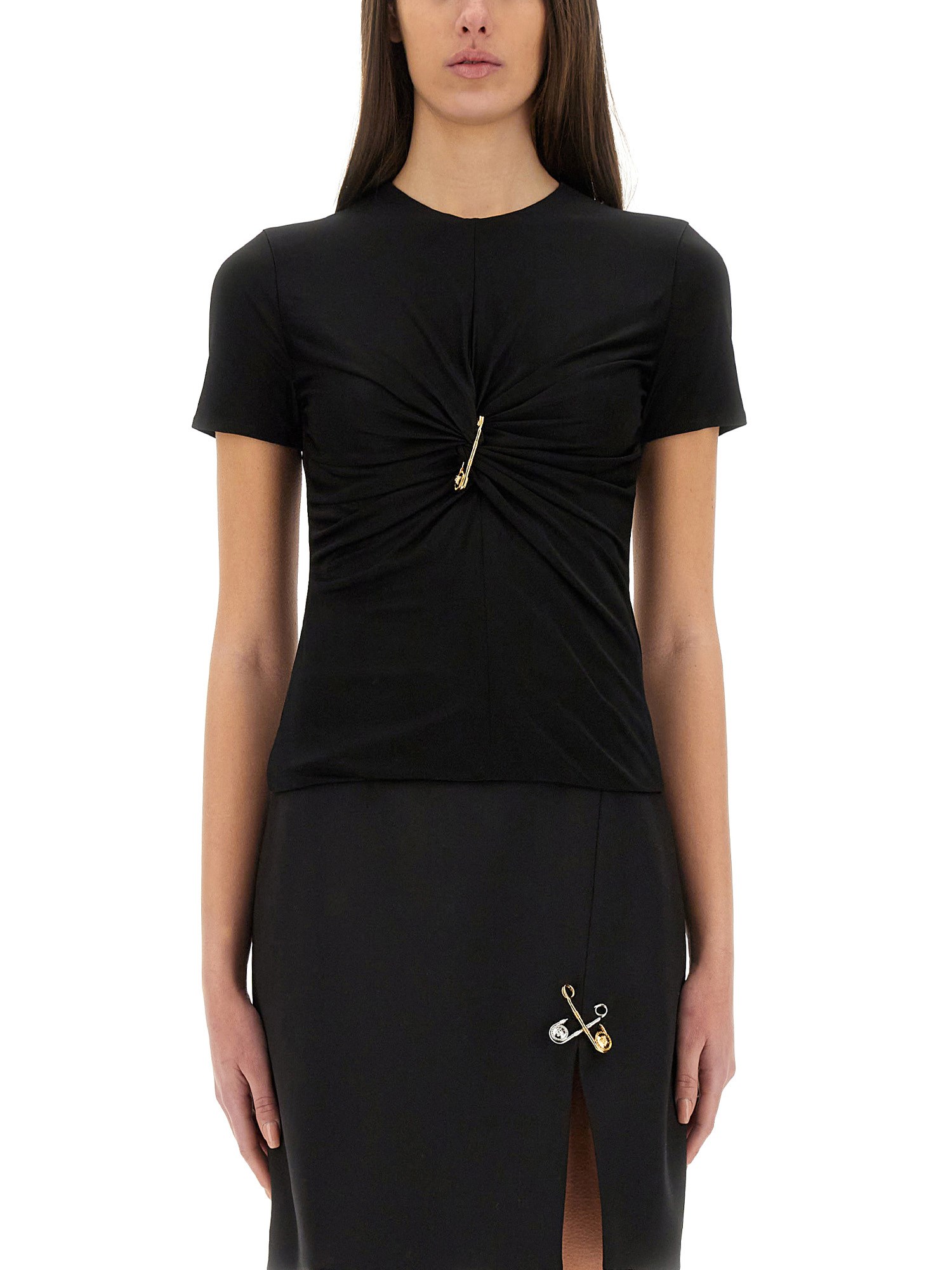 Versace Safety Pin Gathered Short-sleeved Top In Black