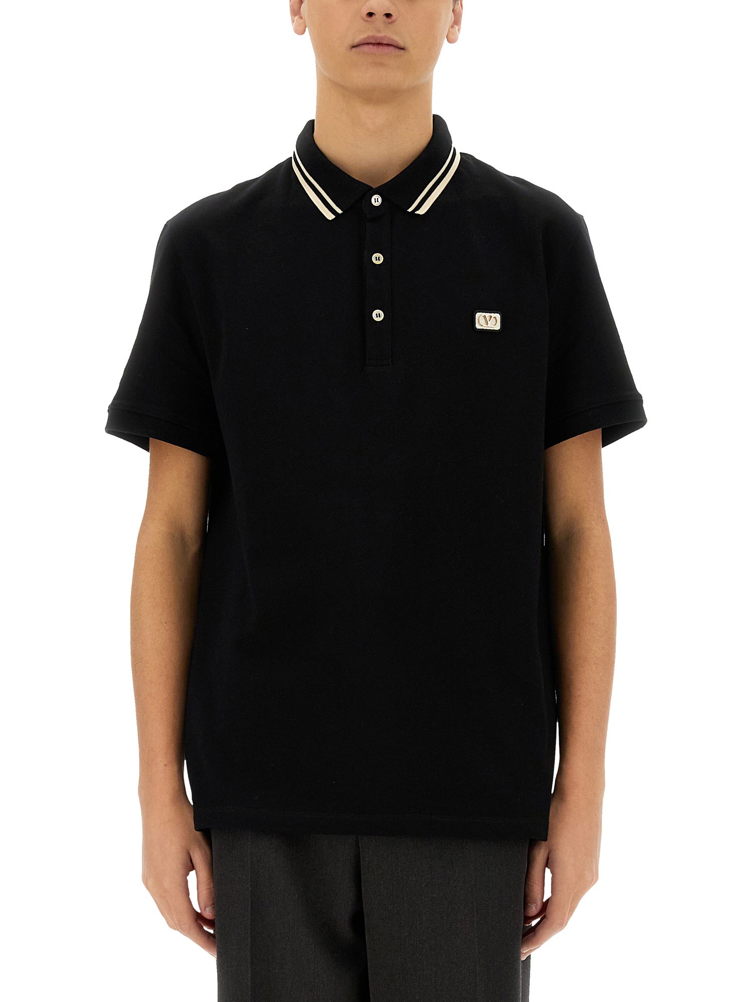 Valentino Garavani Black Polo Shirt With Classic Bicolor Collar And Logo Patch On The Front In Cotto In Black