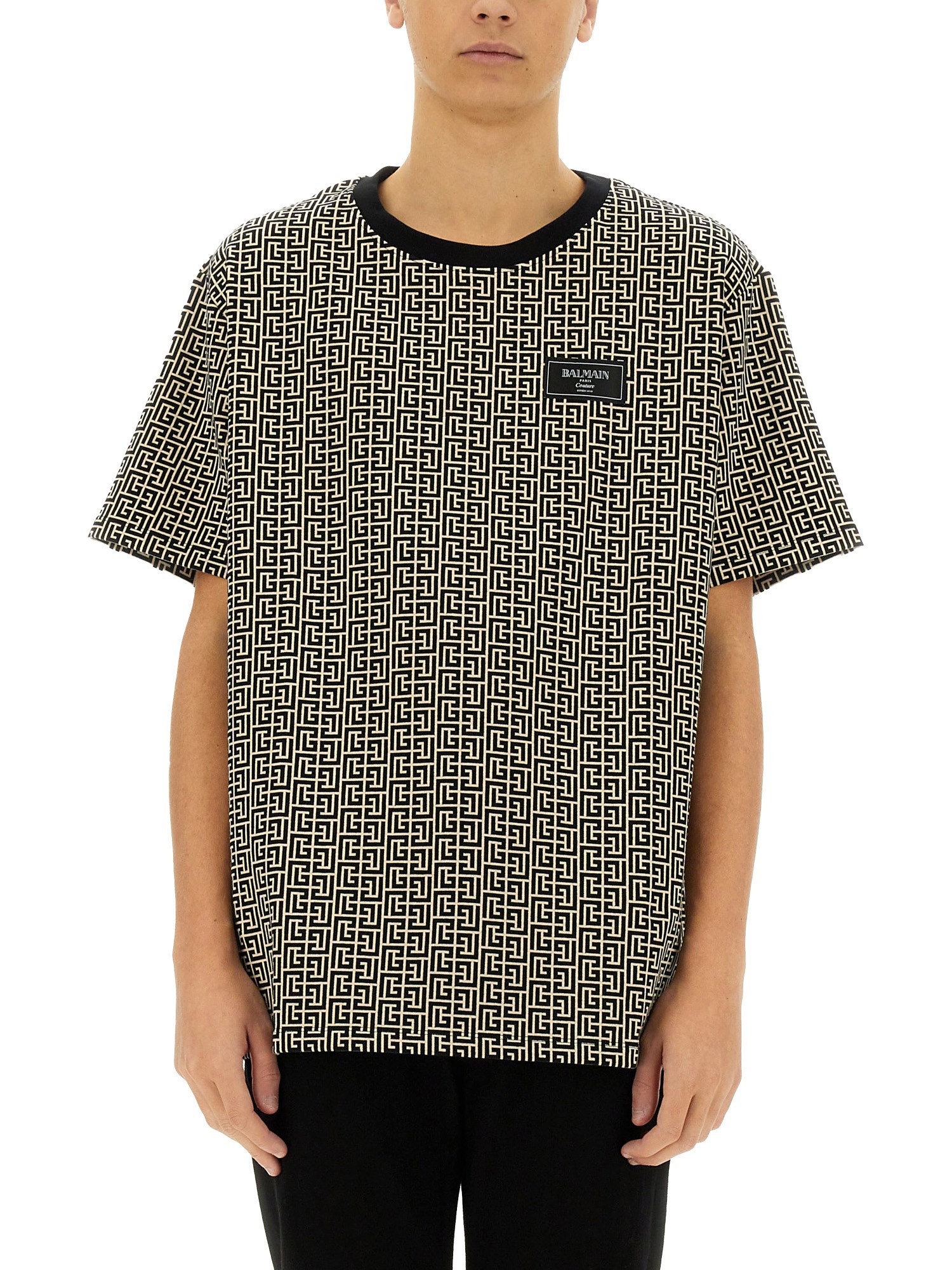 Balmain Grey T-shirt With Logo Applied On The Chest And All-over Labyrinth Motif In Cotton Man In Multicolour