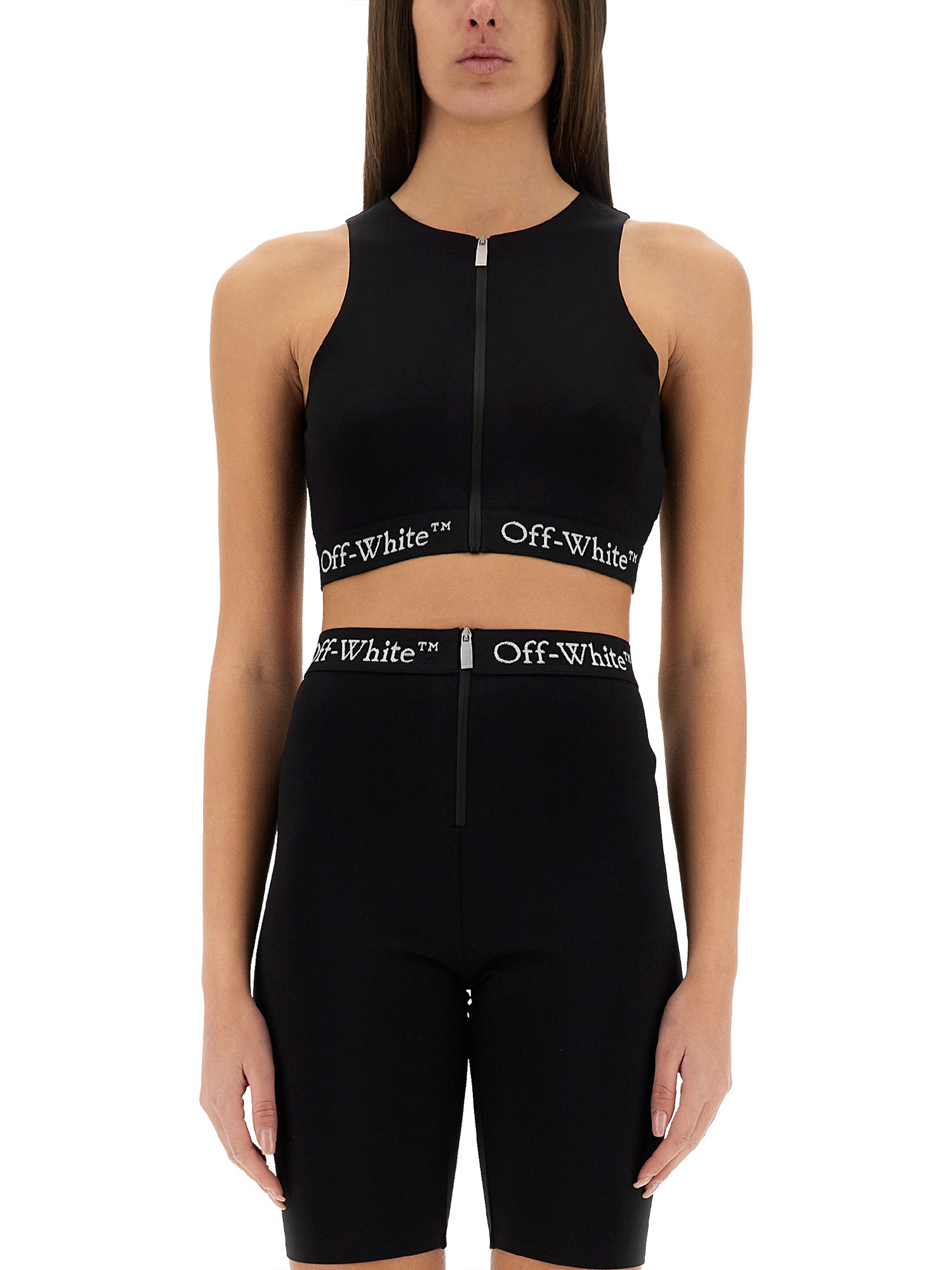 Off-white Fitted Black Top With Front Zip And Logo Underband In Black
