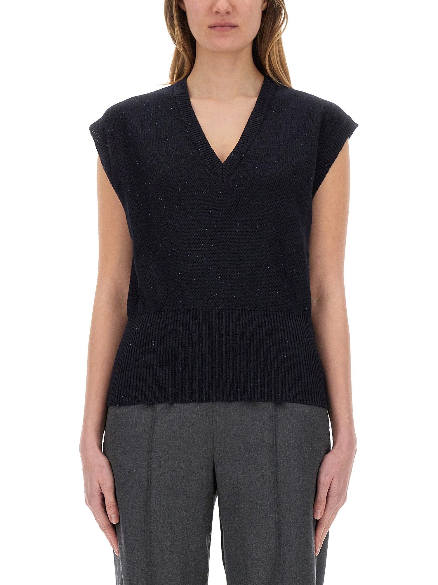 Shop Fabiana Filippi Cotton And Linen Vest With Sequins In Blue