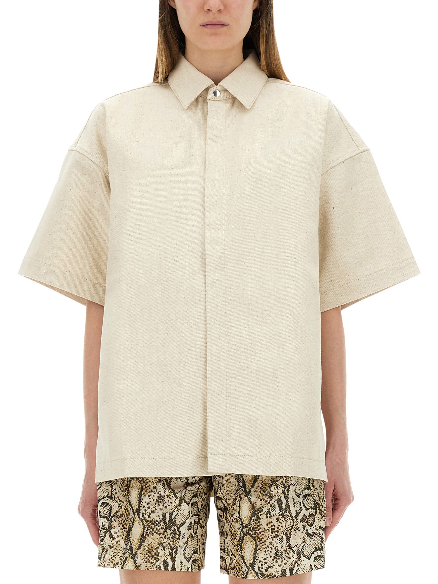Jil Sander Relaxed Fit Beige Shirt With Logo Patch And Button Fastening In Neutral