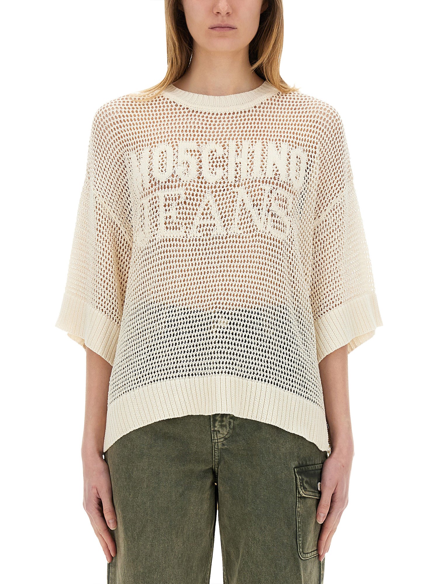 Moschino Jeans Mesh Shirt With Logo In Ivory