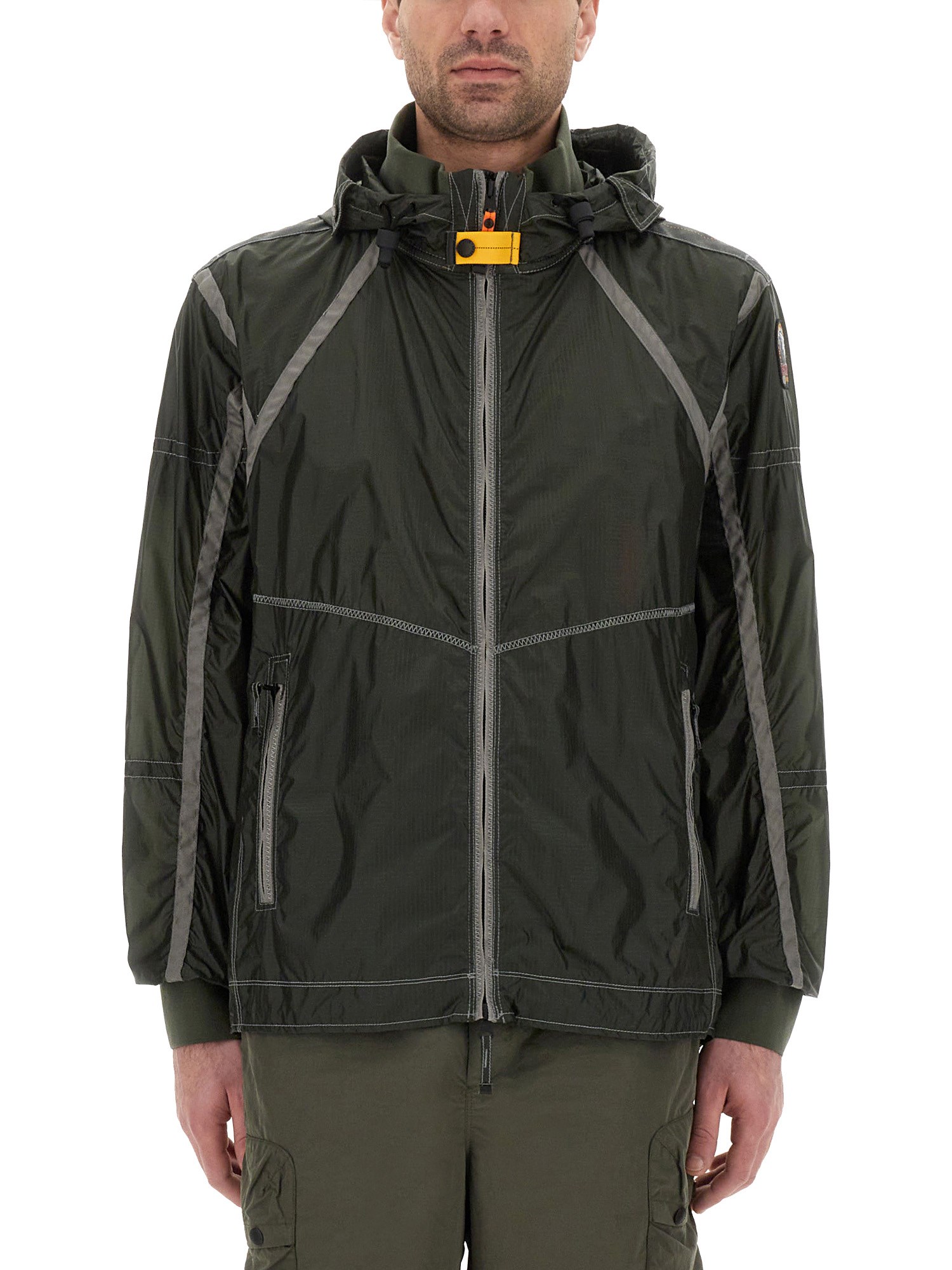 Parajumpers Edge Green Jacket With Logo Patch On The Sleeve And Shoulder Straps On The Back In Tech Fabric Man In Military Green