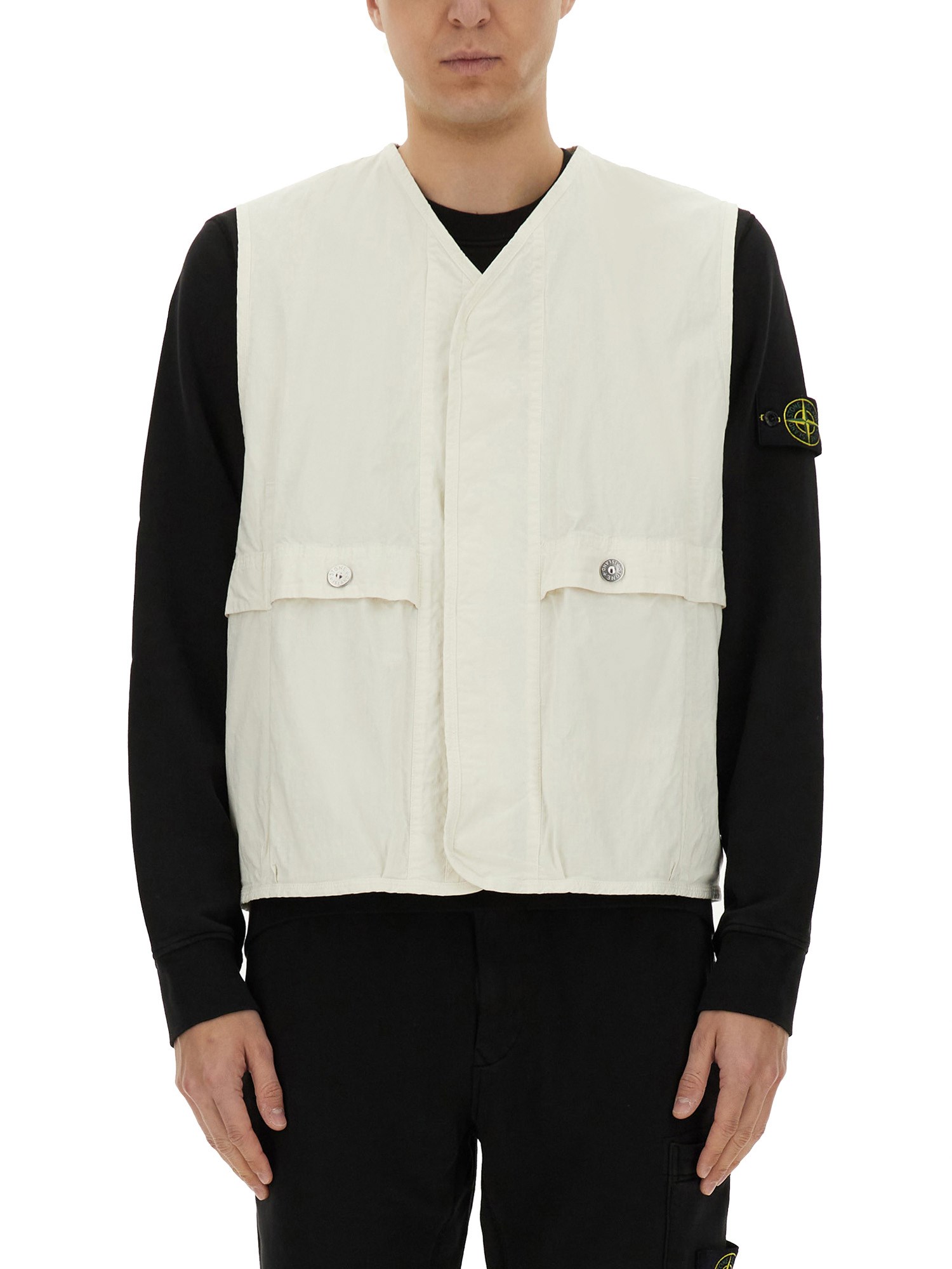 Stone Island Logo Sleeveless Vests With Button And Side Pockets In Neutral