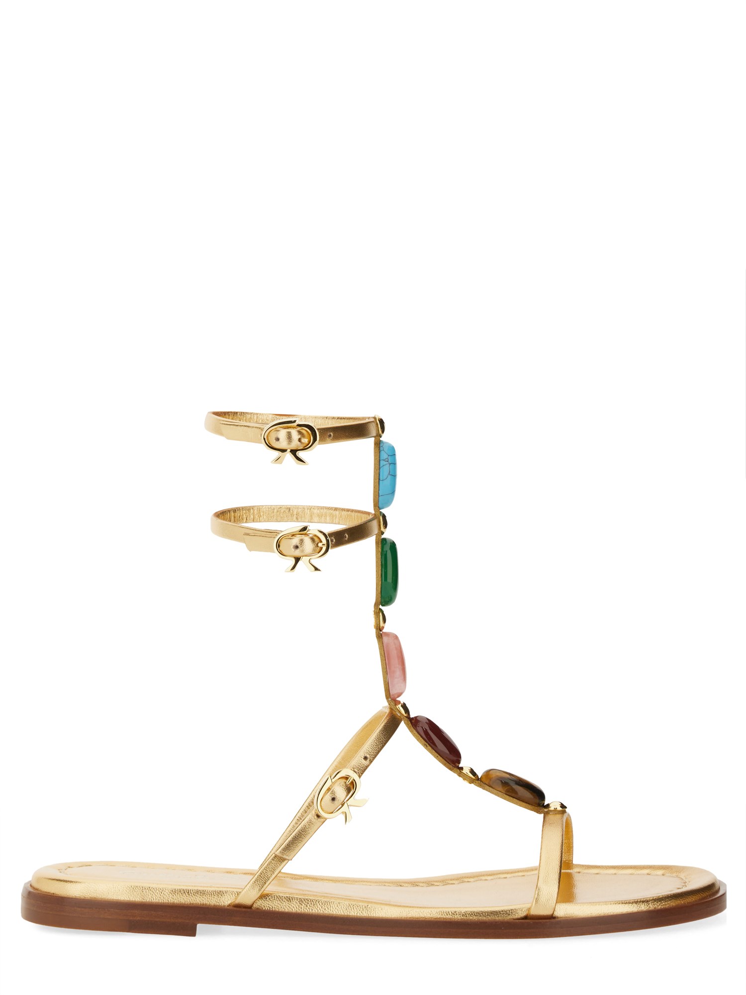 Gianvito Rossi Gemstone Detailed Flat Leather Sandals In Gold