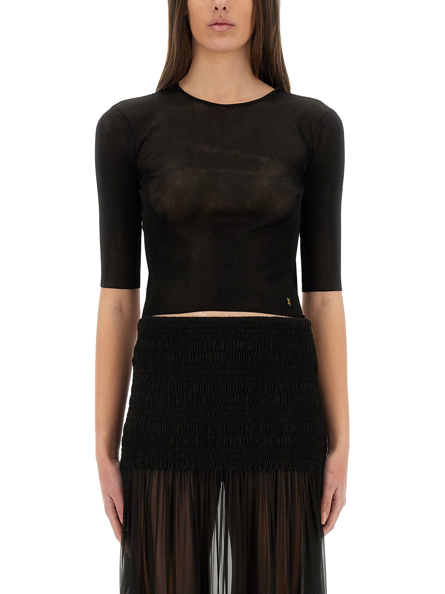Saint Laurent Cassandre Cropped Knit Top In Black