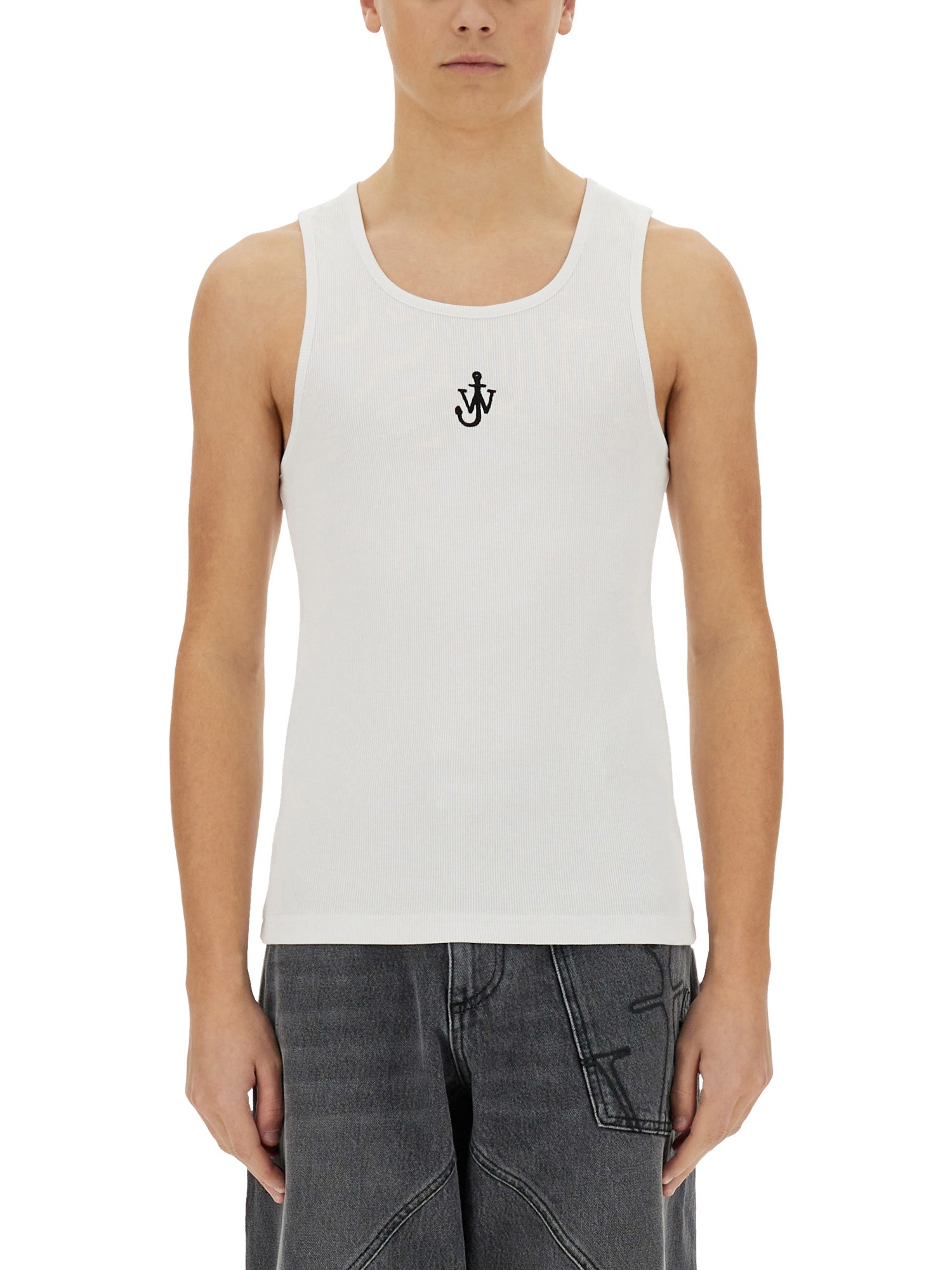 Jw Anderson White Sleeveless Top With Logo Embroidery On The Front In White