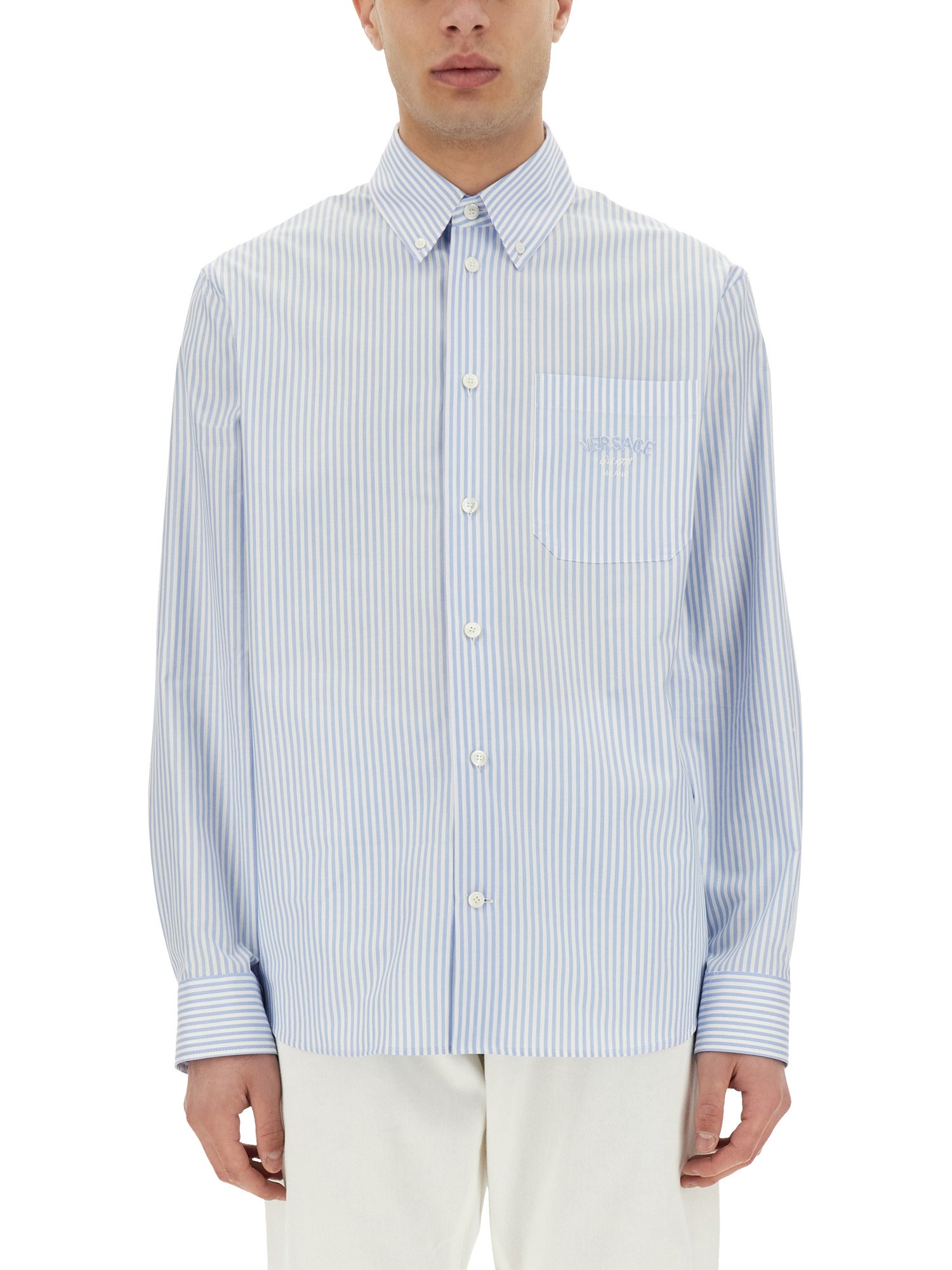 Versace Long-sleeved Striped Buttoned Shirt In Azure