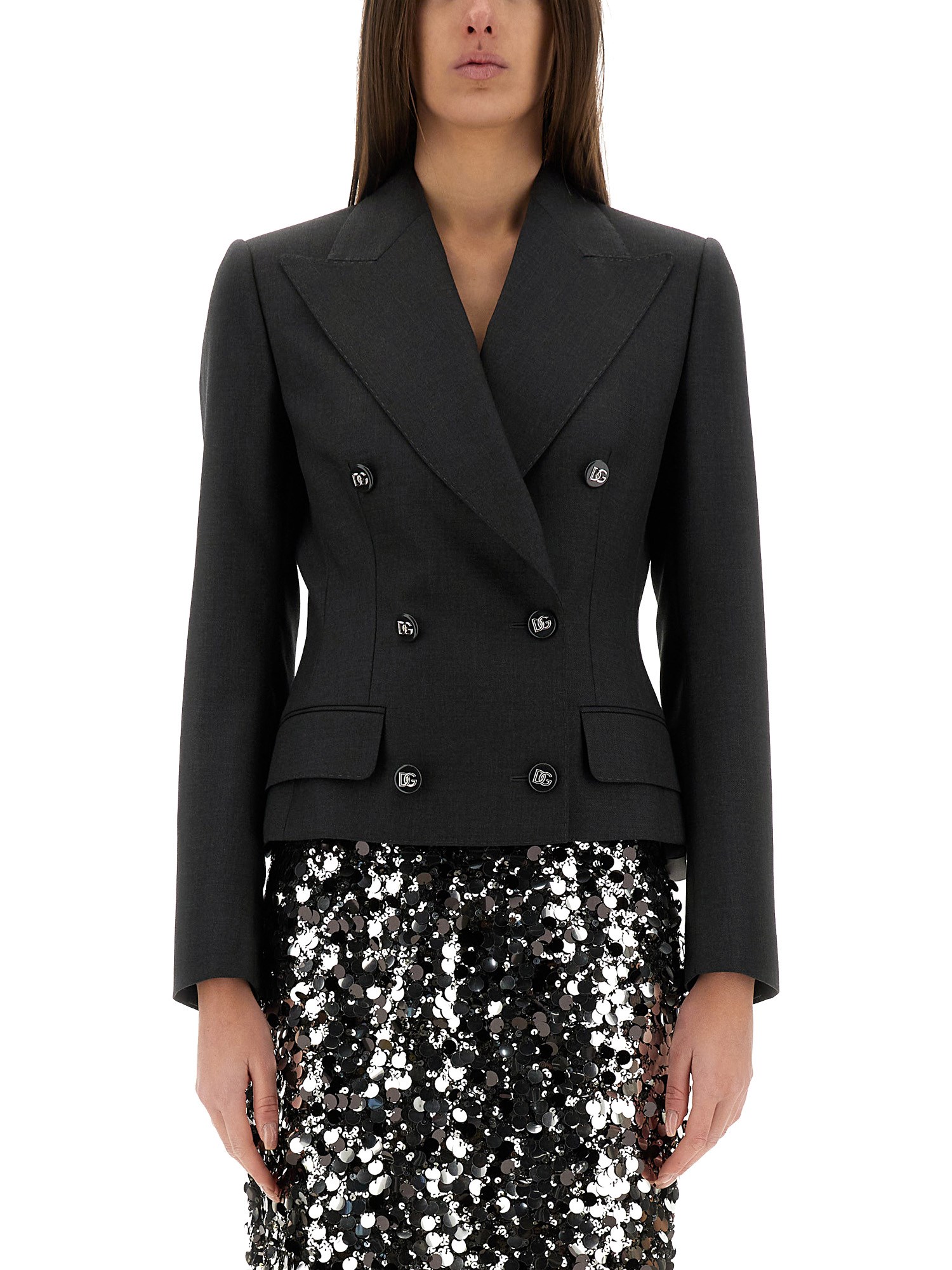 Dolce & Gabbana Dolce Double-breasted Jacket With Dg Logo Buttons In Charcoal