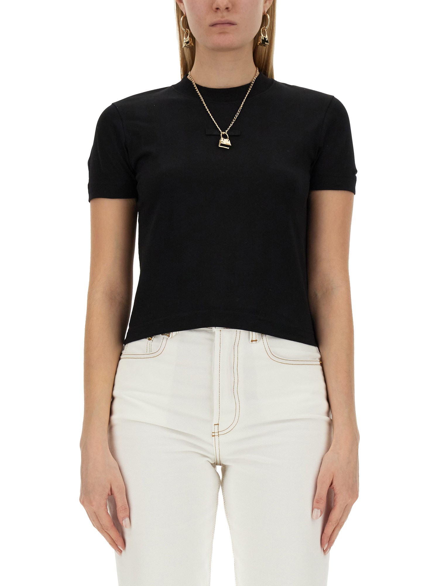 Jacquemus Black Fitted T-shirt With Logo Patch In Stretch Cotton Woman In Black
