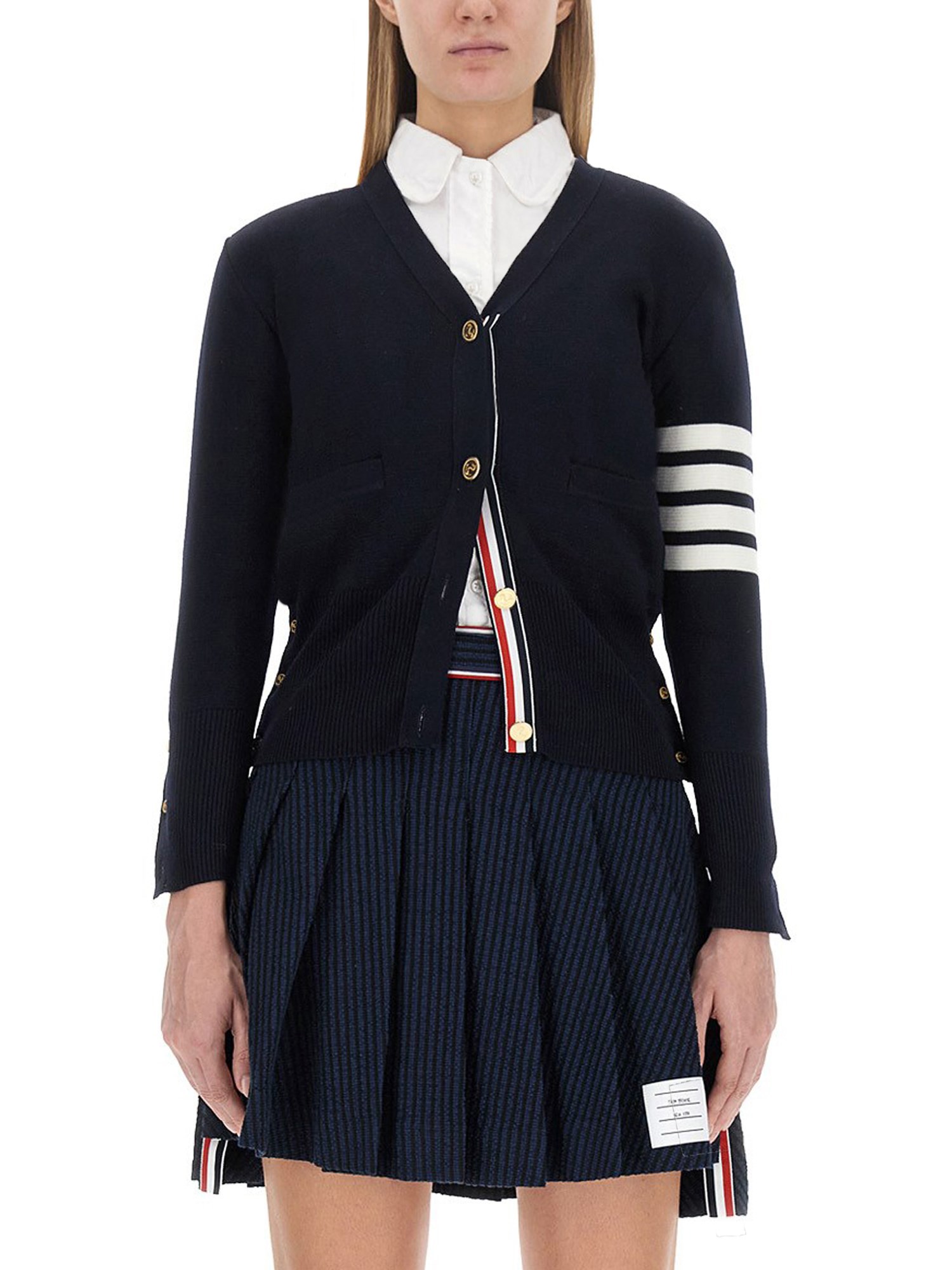 Thom Browne Milano Classic V Neck Fine Merino Wool Cardigan In Blue