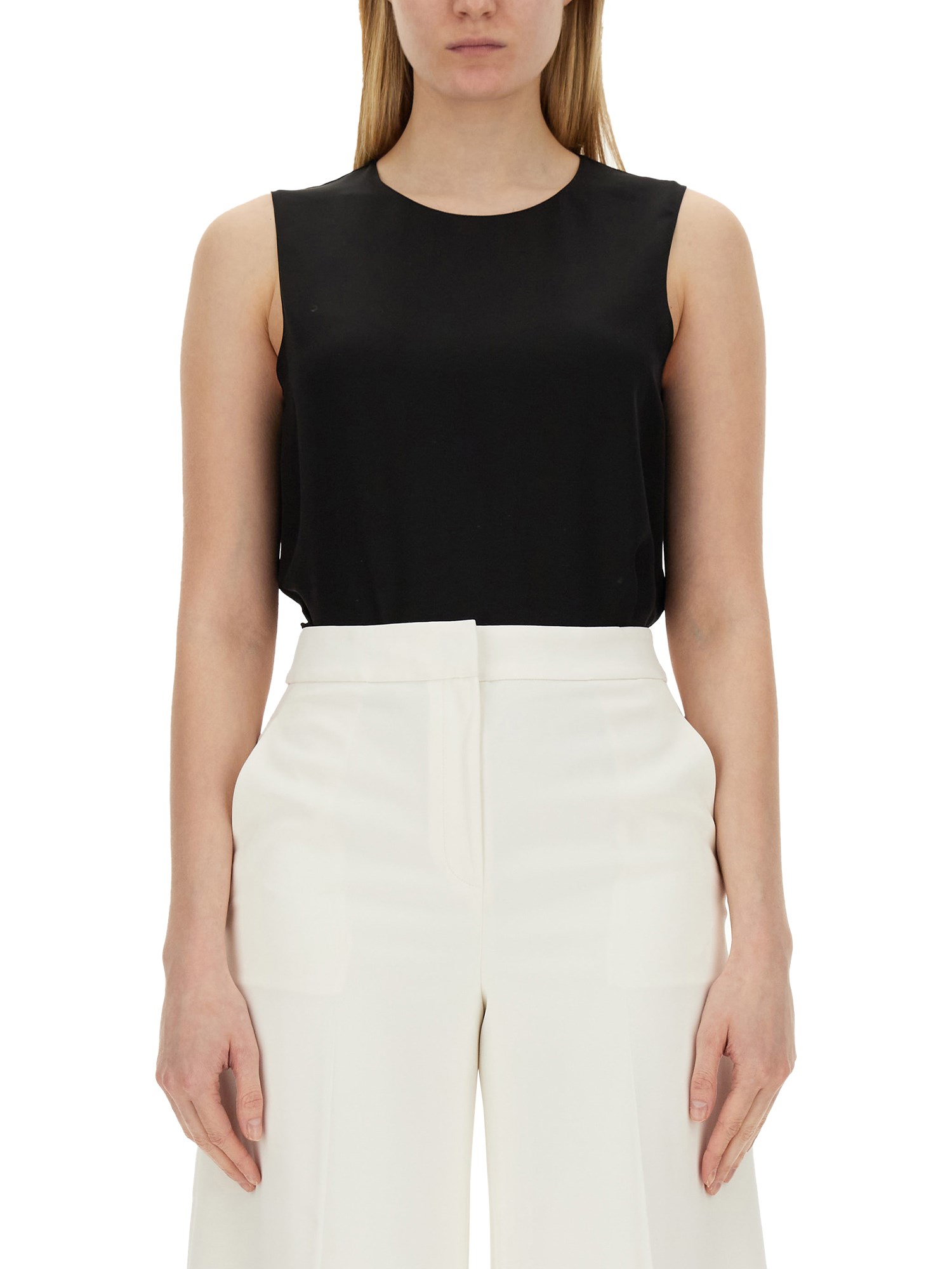 Theory Black Crewneck Top With Ruched Details On The Front In Black