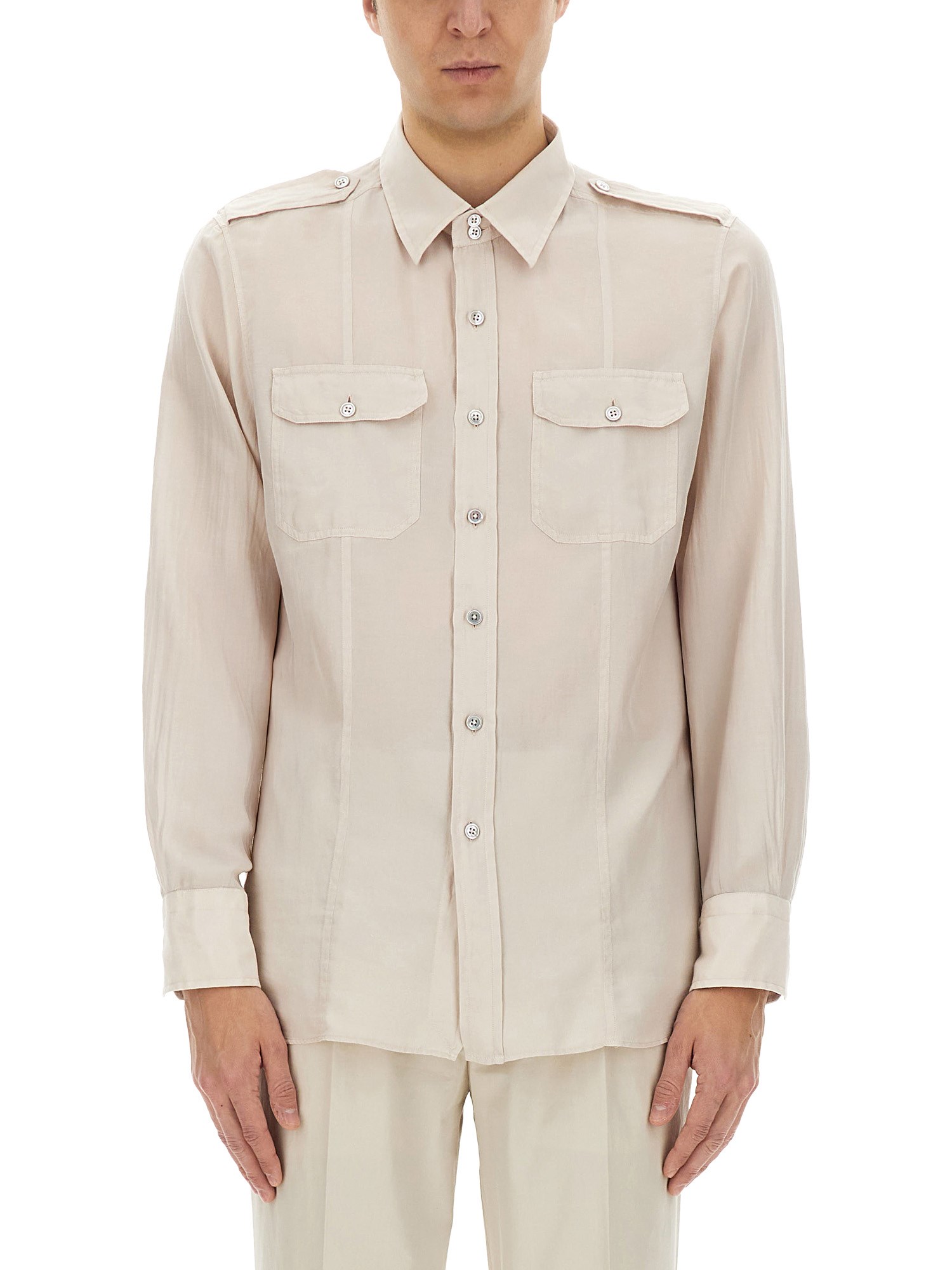 Tom Ford Cotton And Silk Military Shirt In Beige