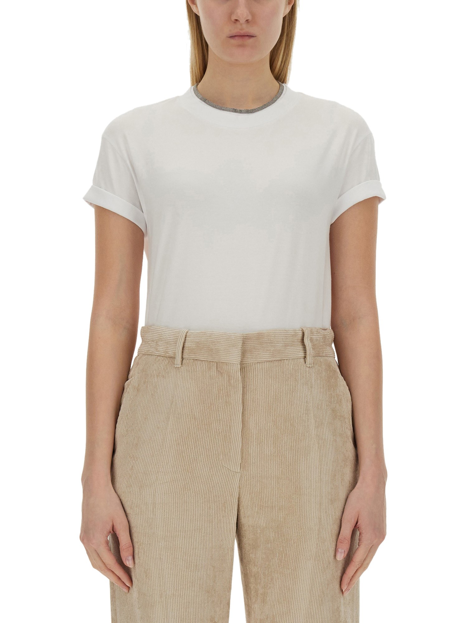 Brunello Cucinelli Bead-embellished Cotton-jersey T-shirt In White
