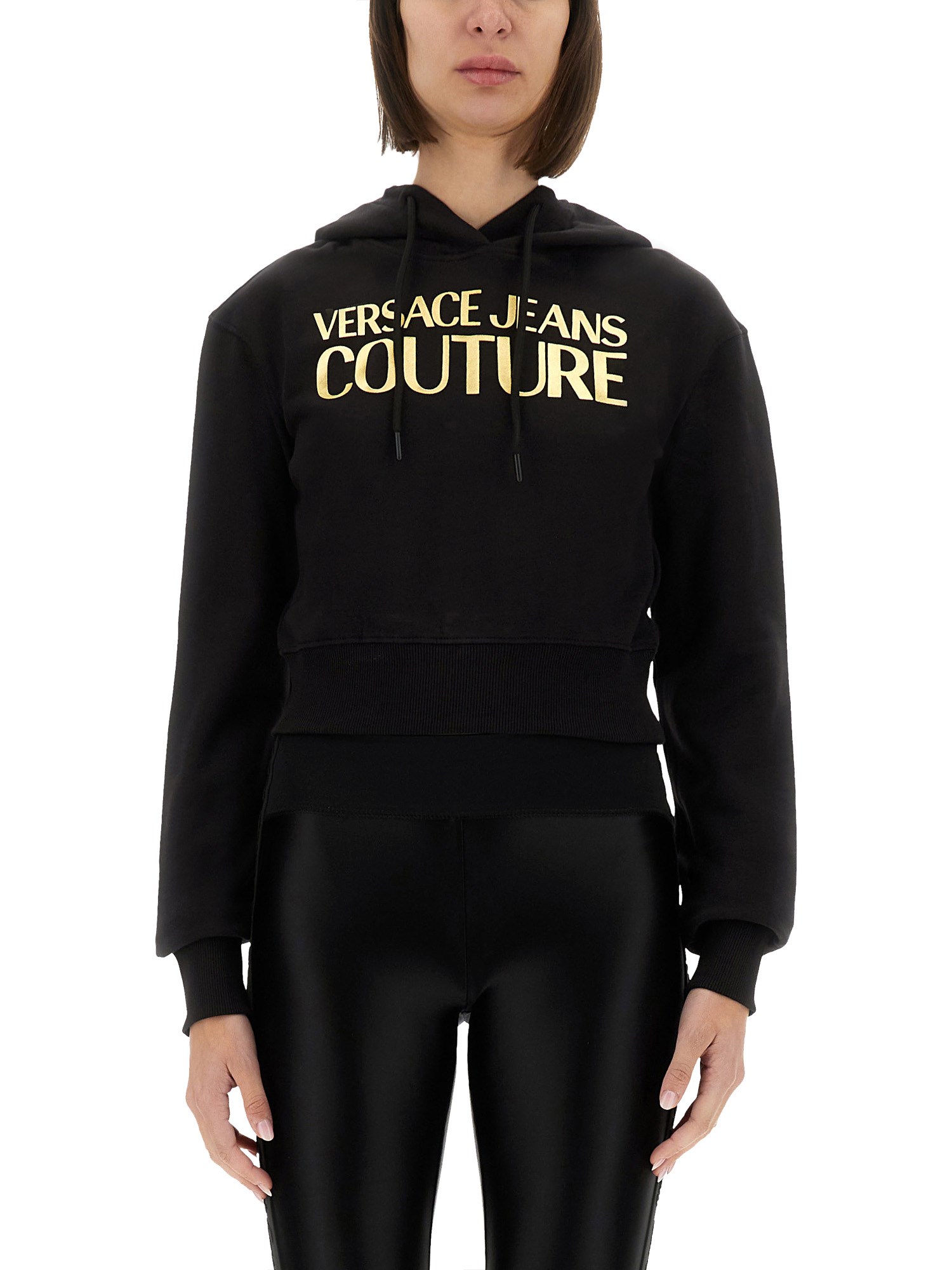 Versace Jeans Couture Cropped Sweatshirt With Logo In Black