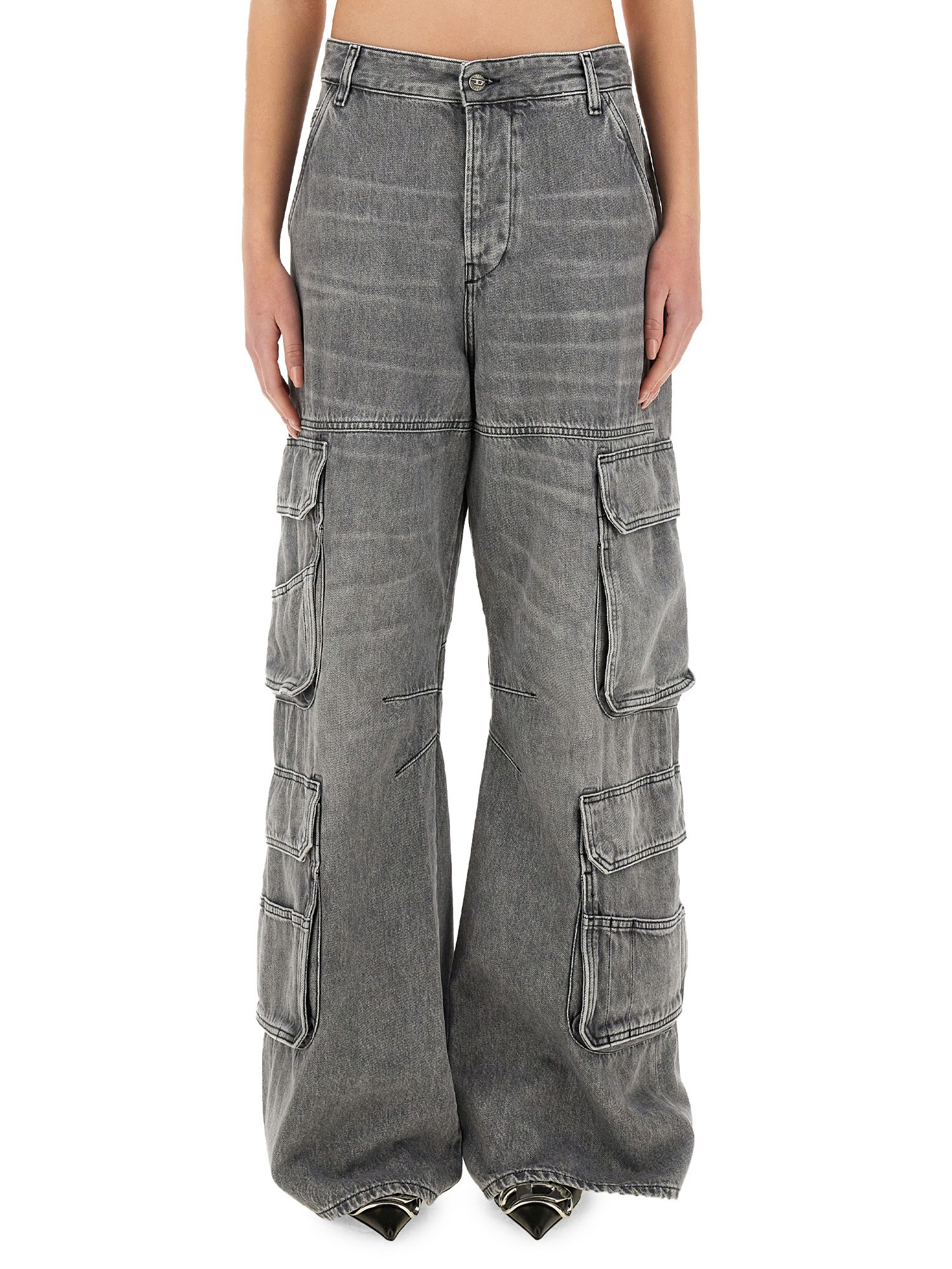 Diesel D-sire-cargo-d Grey Cargo Jeans With Low-rise Waist In Gray