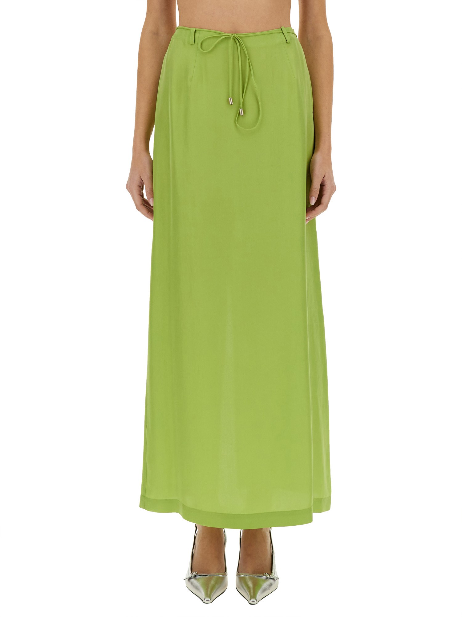 Alysi Silk Ankle Skirt Drawstring Waist Slit In Green
