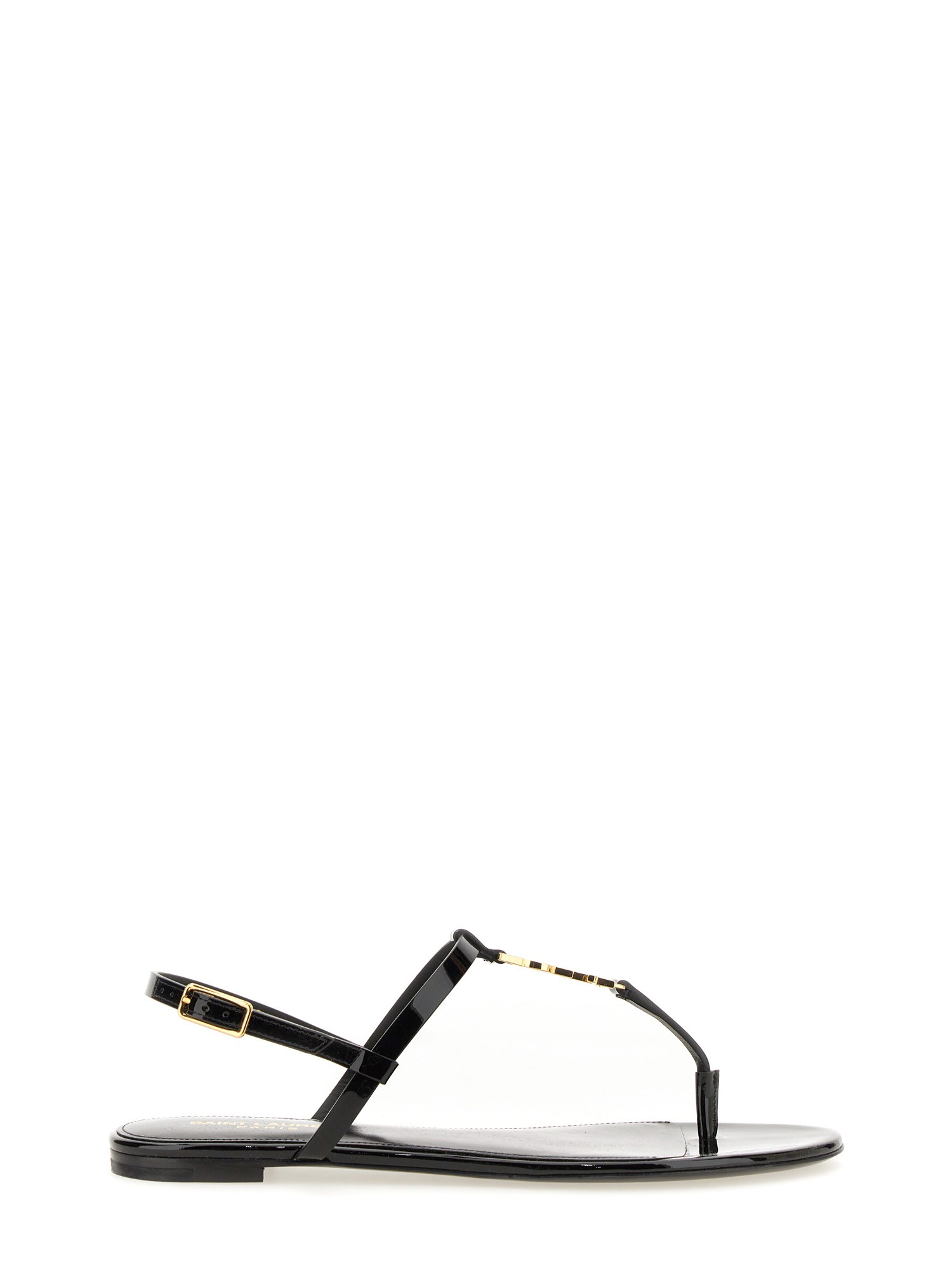 Saint Laurent Black Cassandra Flat Sandals In Crocodile-embossed Leather With Gold-tone Monogram In Black