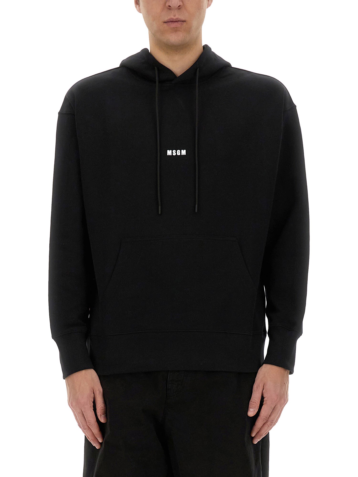 Msgm Black Hoodie With Adjustable Drawstring And Subtle Logo In Black