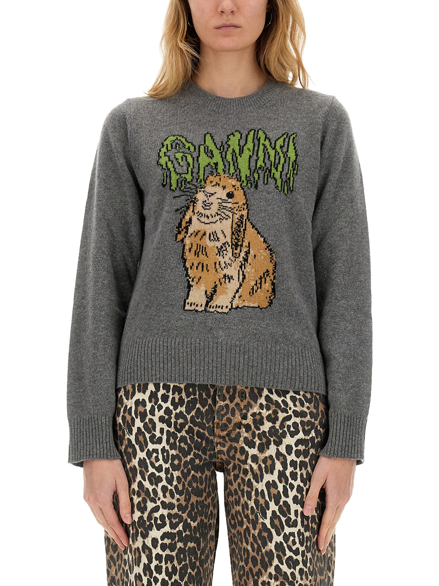 Ganni Bunny Wool Crewneck Sweater In Grey