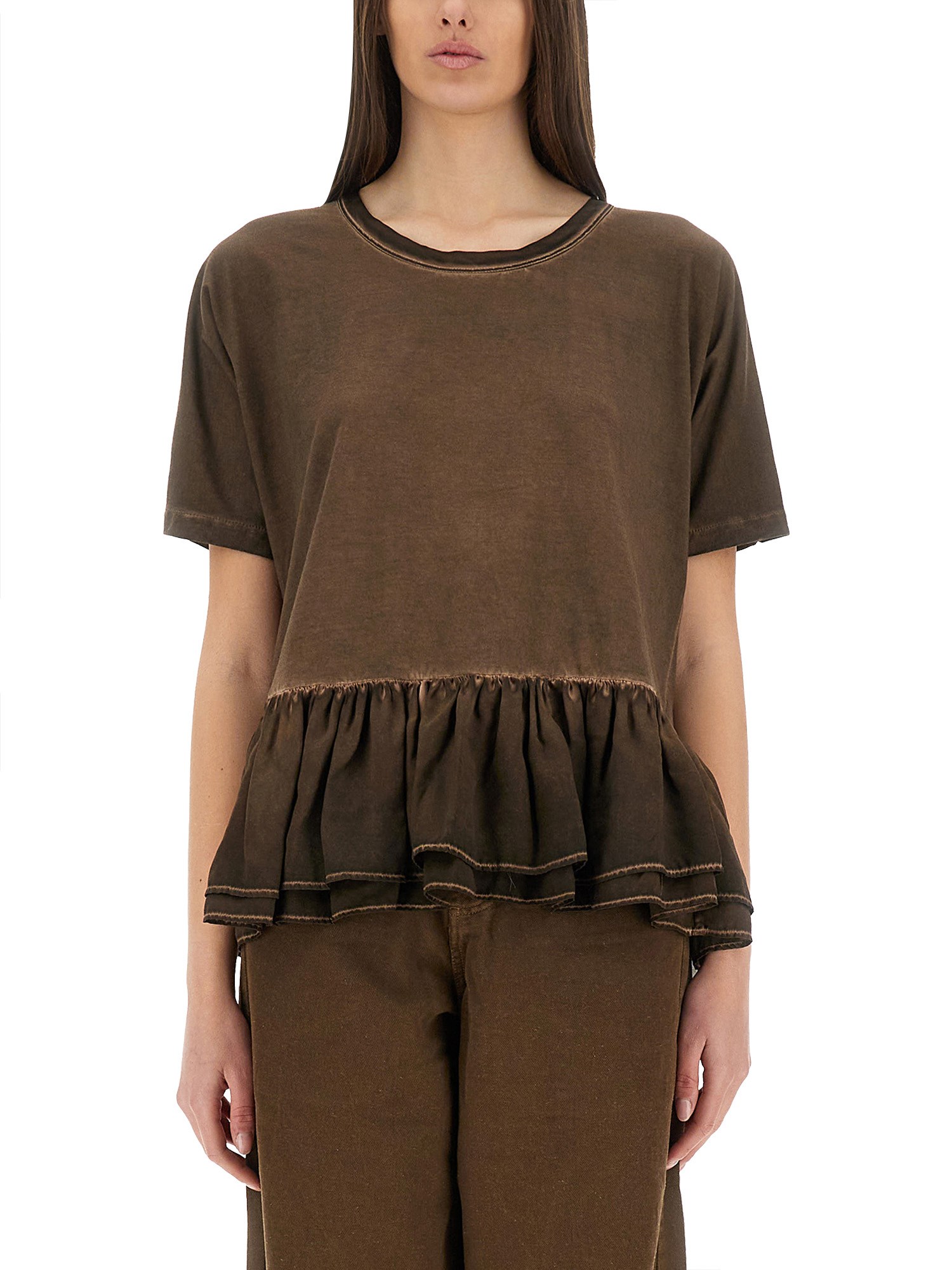 Uma Wang Round Collar And Trumpet T-shirt In Brown