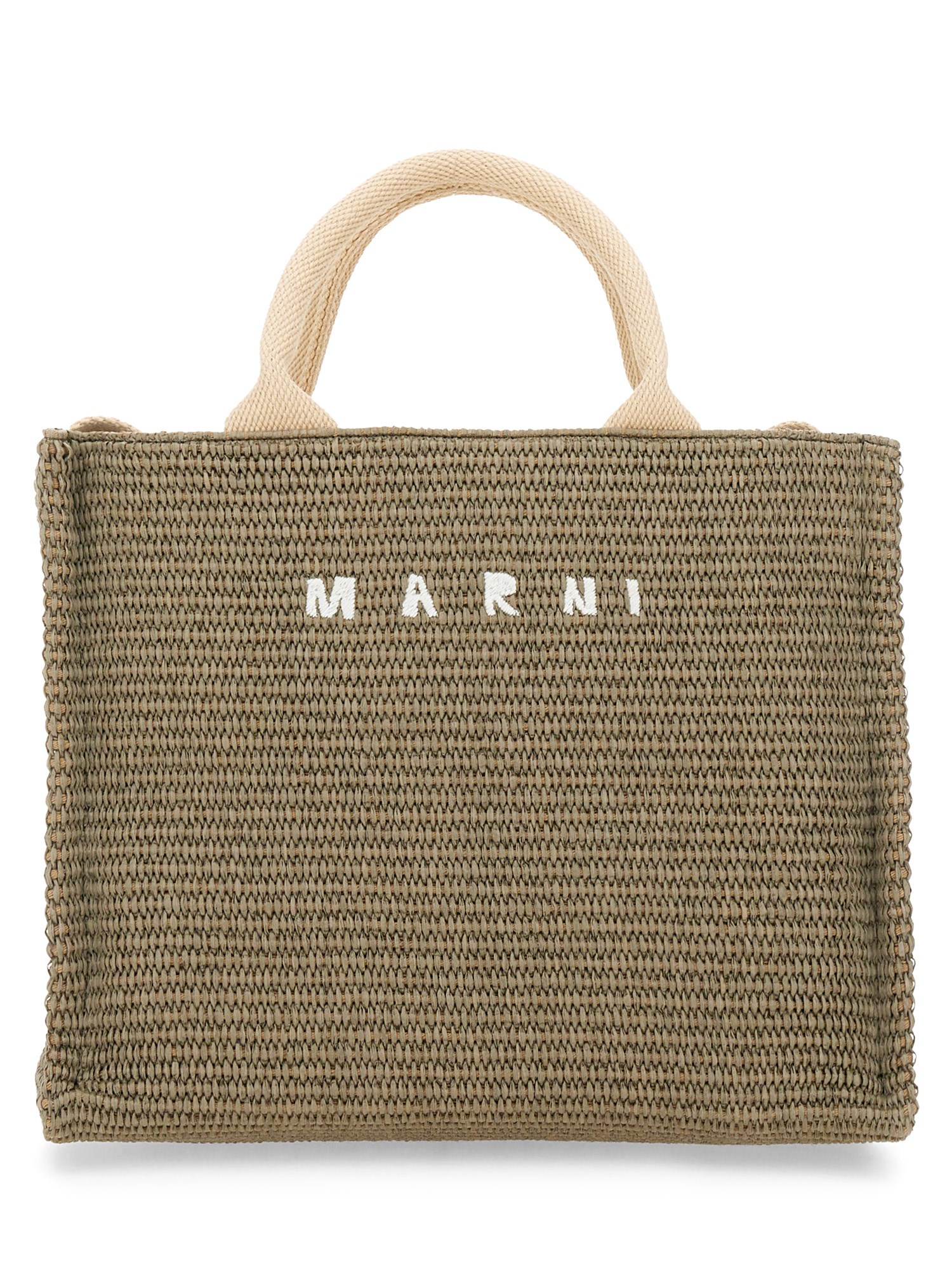 Shop Marni Raffia Effect Fabric Small Tote Bag In Green