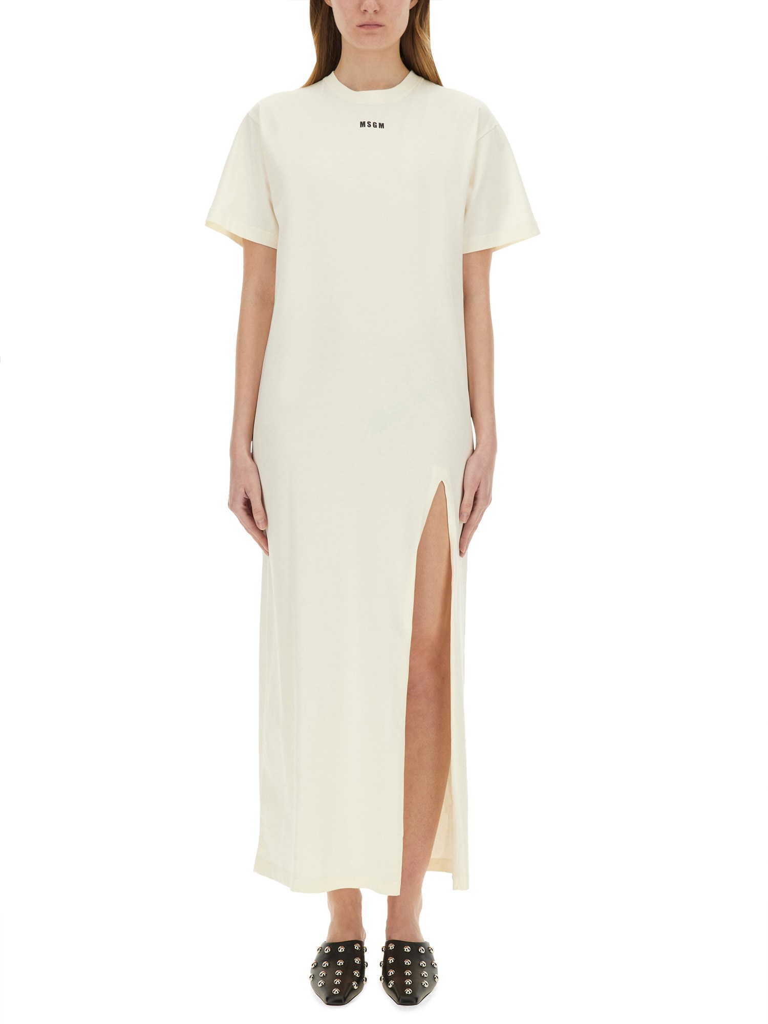 Msgm Long Dress Side Slit In Ivory