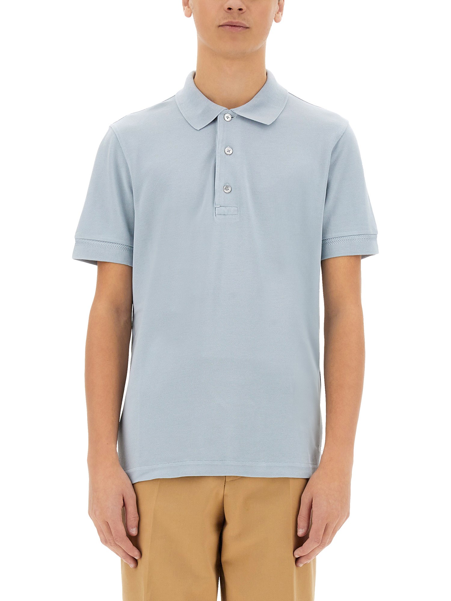 Tom Ford Light-blue Short-sleeves Polo In Cotton Piquet Jersey Man In Baby Blue