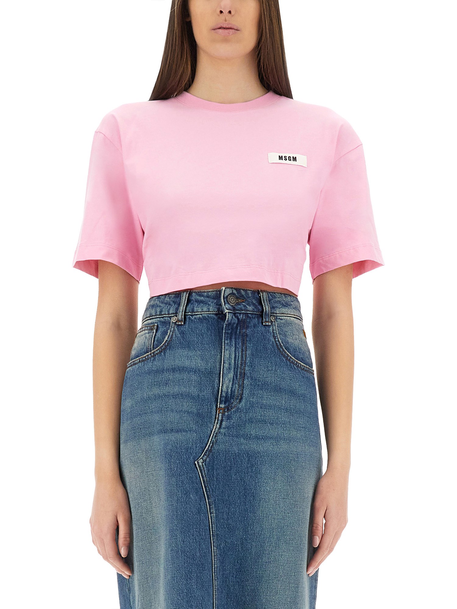 Msgm Short Drawstring Back Cropped T-shirt In Pink