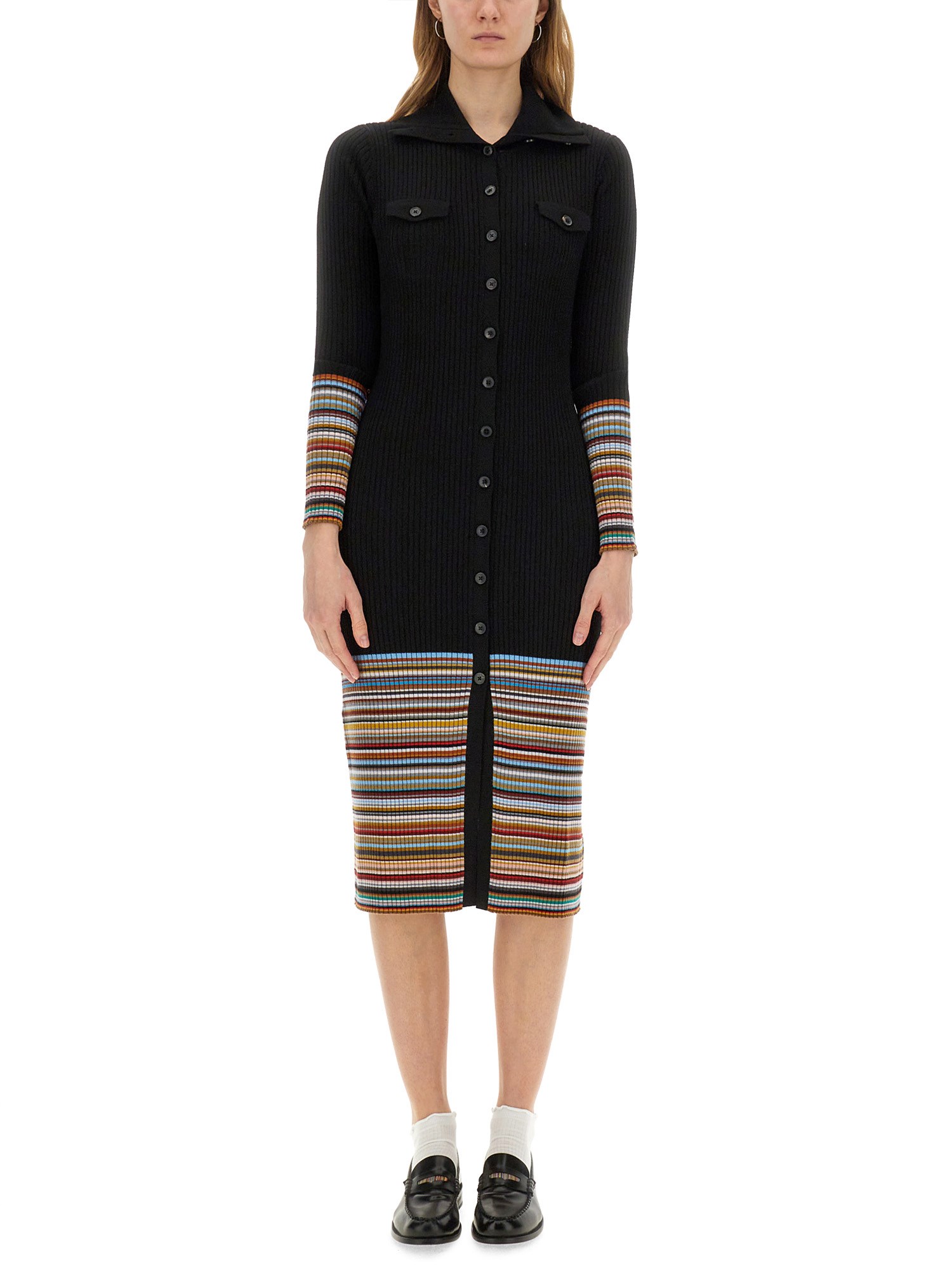 Paul Smith Ribbed Knit Dress With Button-down Front In Black