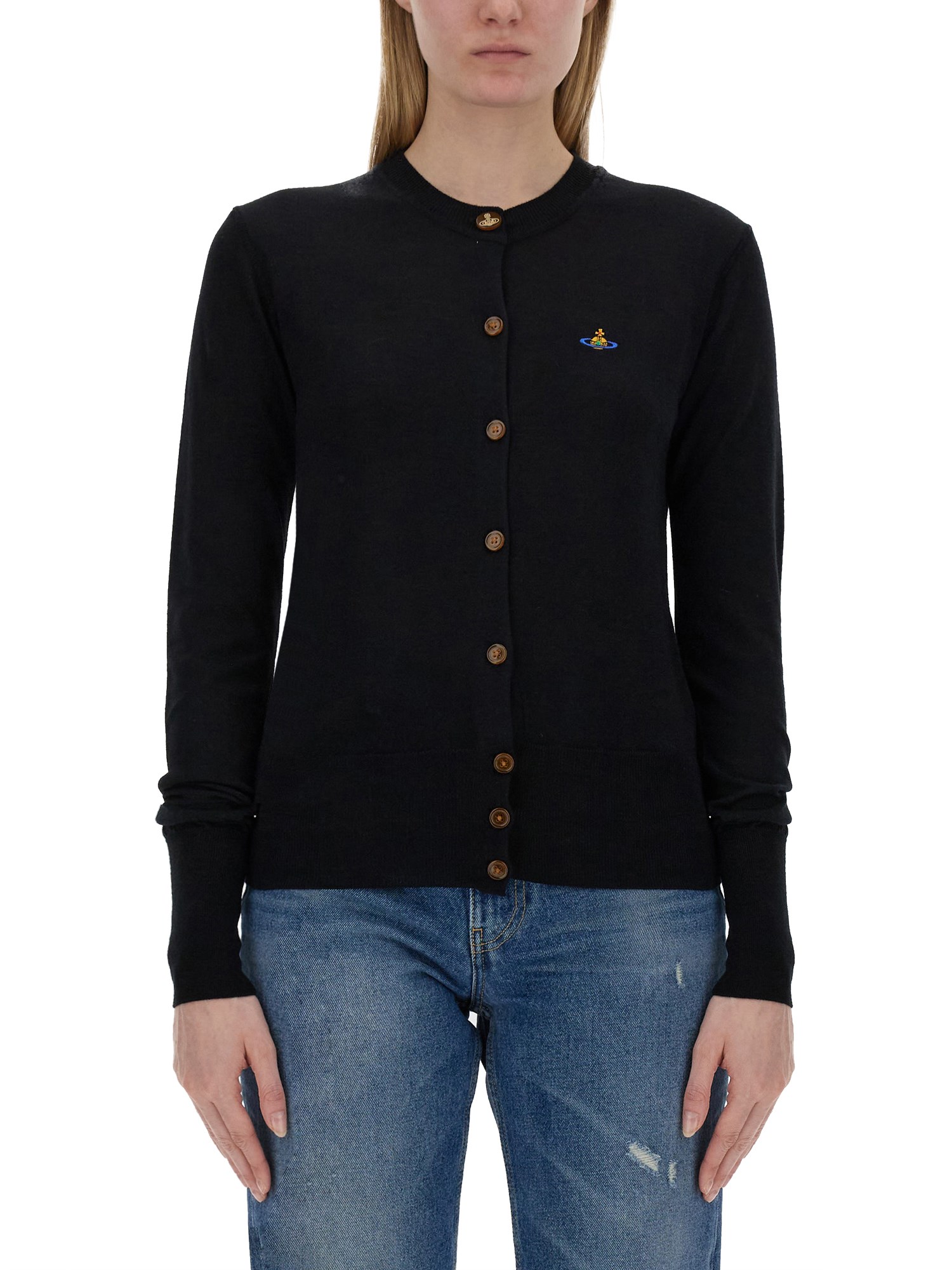 Vivienne Westwood Bea Black Cropped Cardigan With Round Neck And Front Orb Embroidery In Cotton Woman In Black