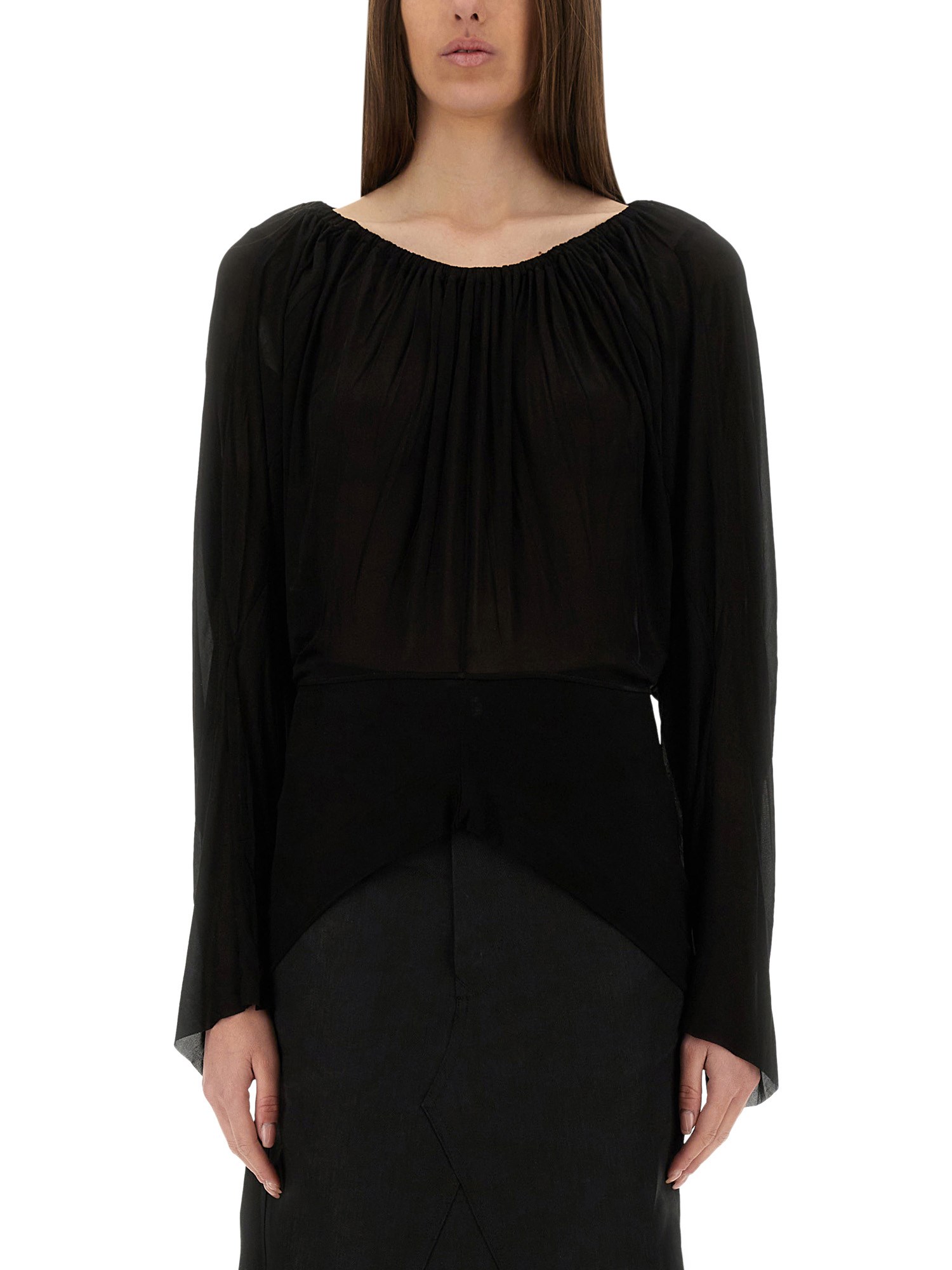 Rick Owens Flowing Black Draped Top With Wide Neckline In Black
