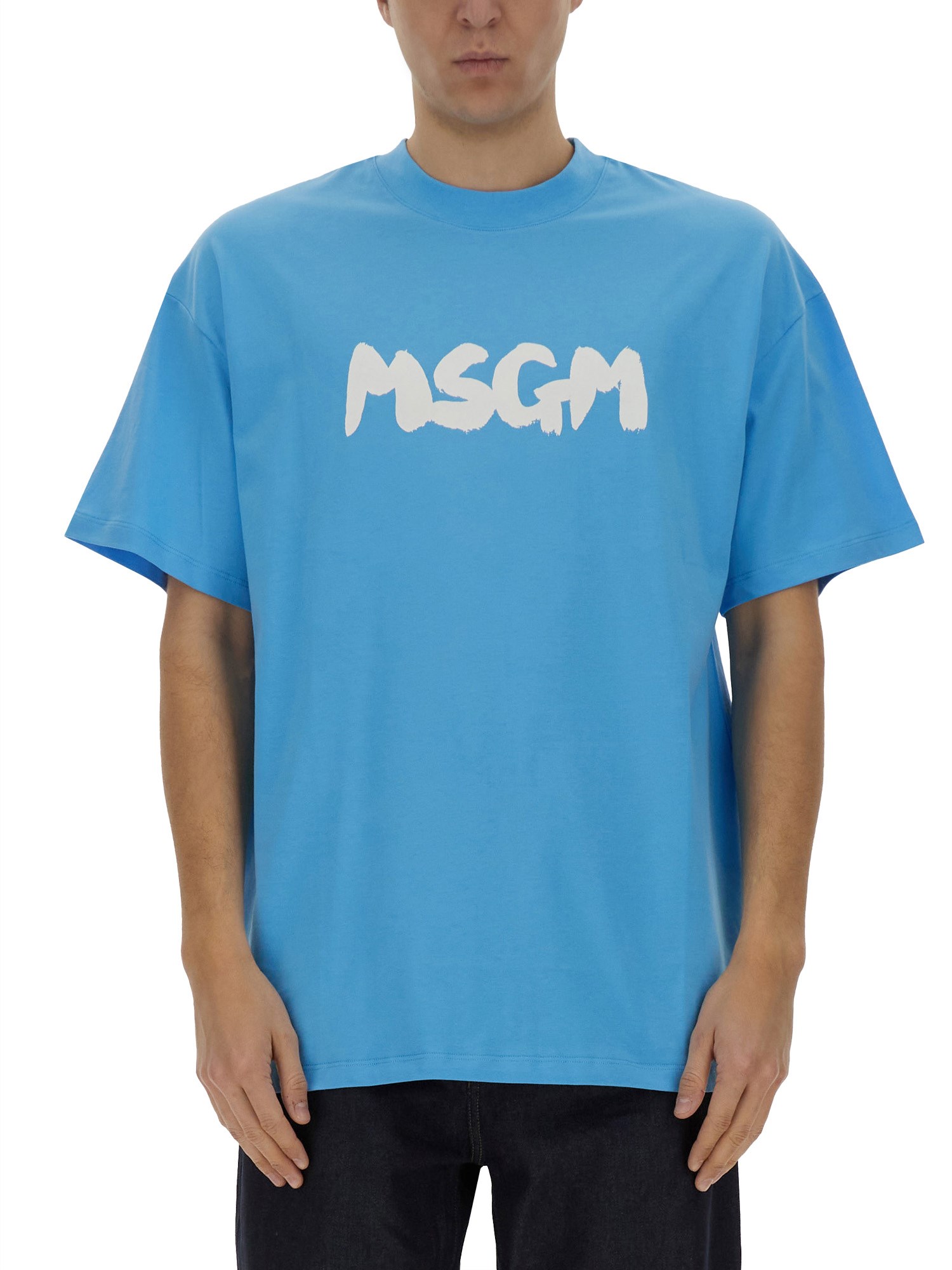 Msgm Crew Neck Cotton T-shirt In Azure