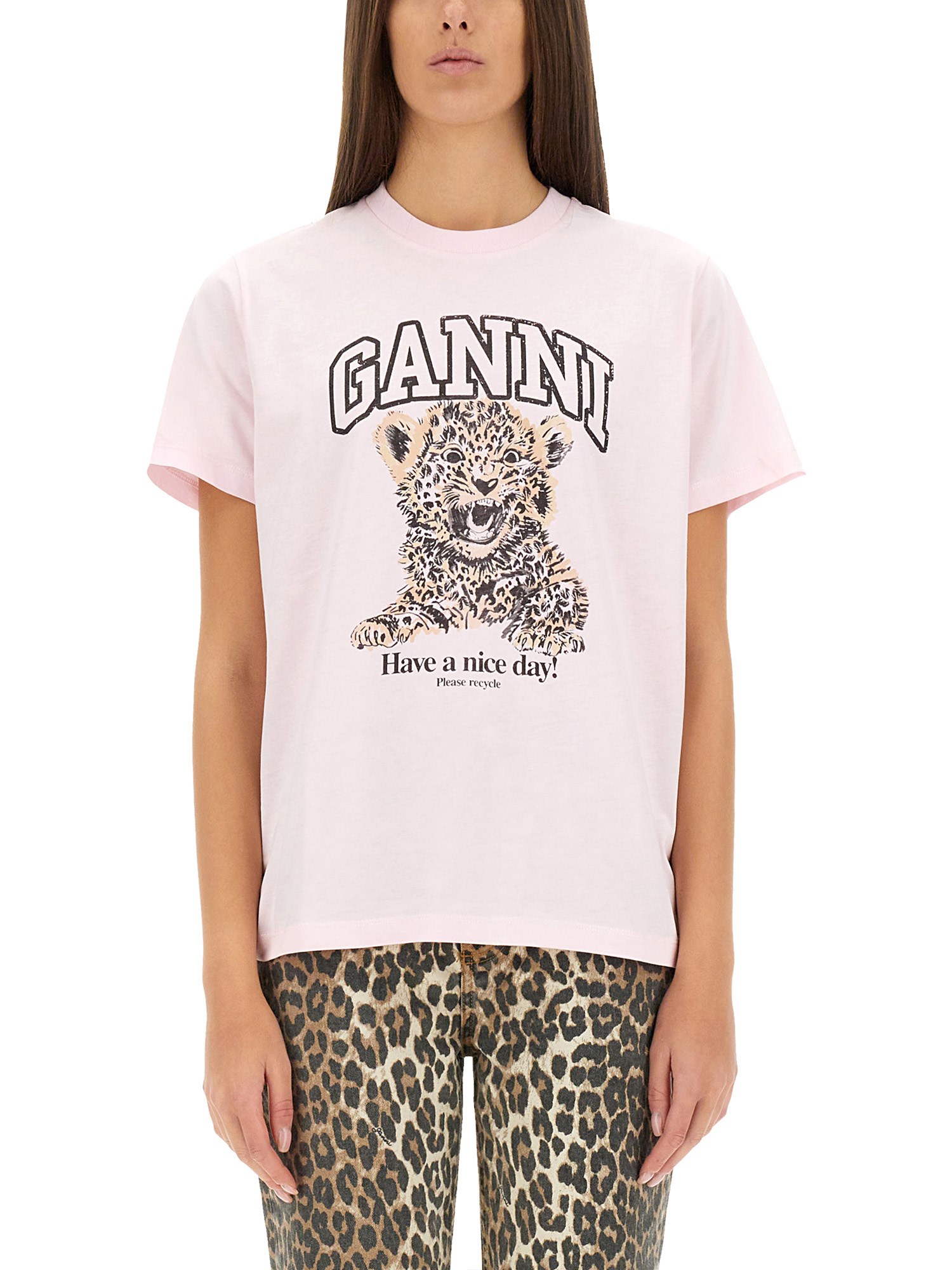 Ganni Crew Neck Graphic Print Relaxed Fit Tops In Pink