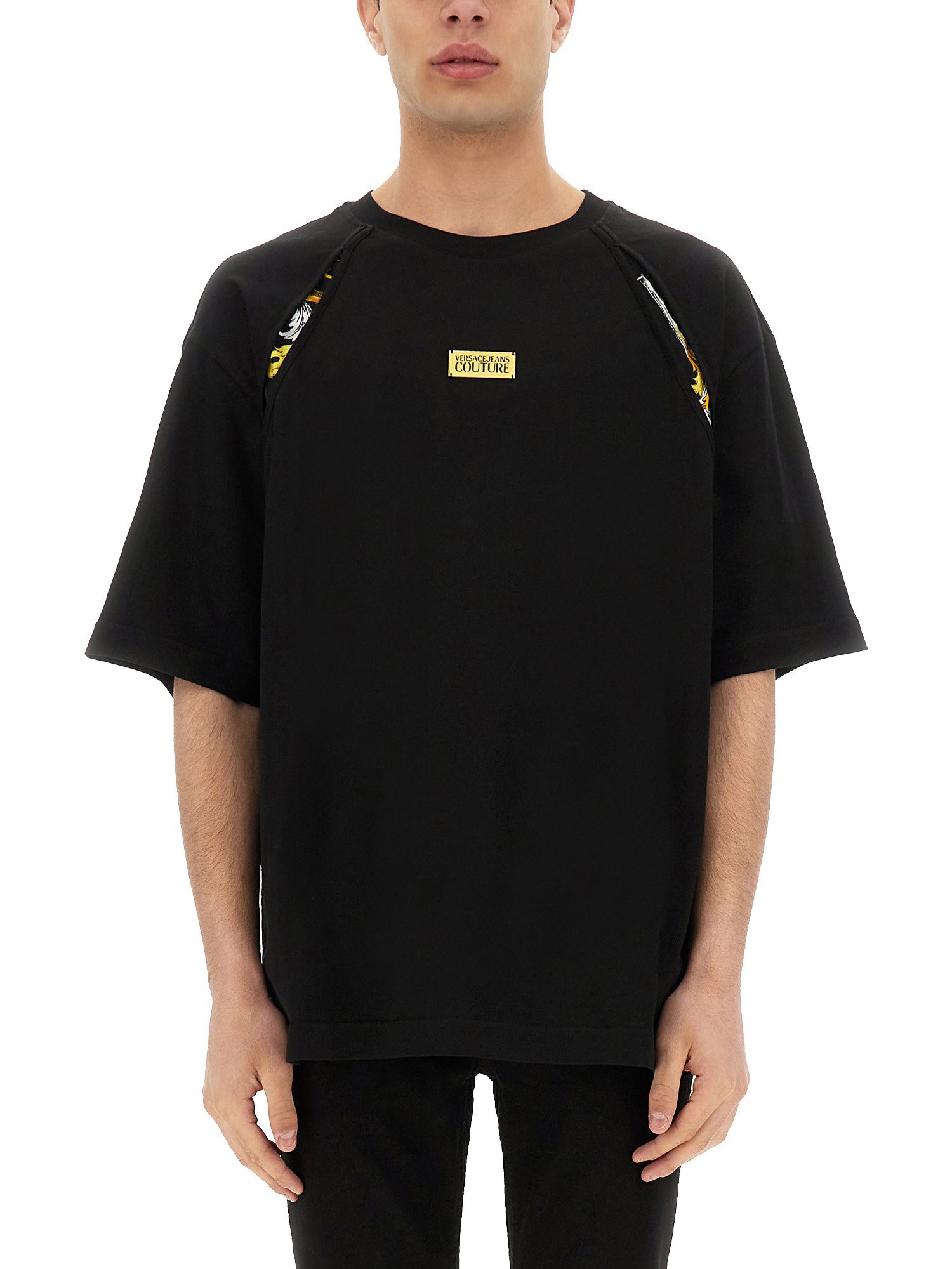 VERSACE JEANS COUTURE T-SHIRT WITH BAROQUE OUTLINE INSERTS 