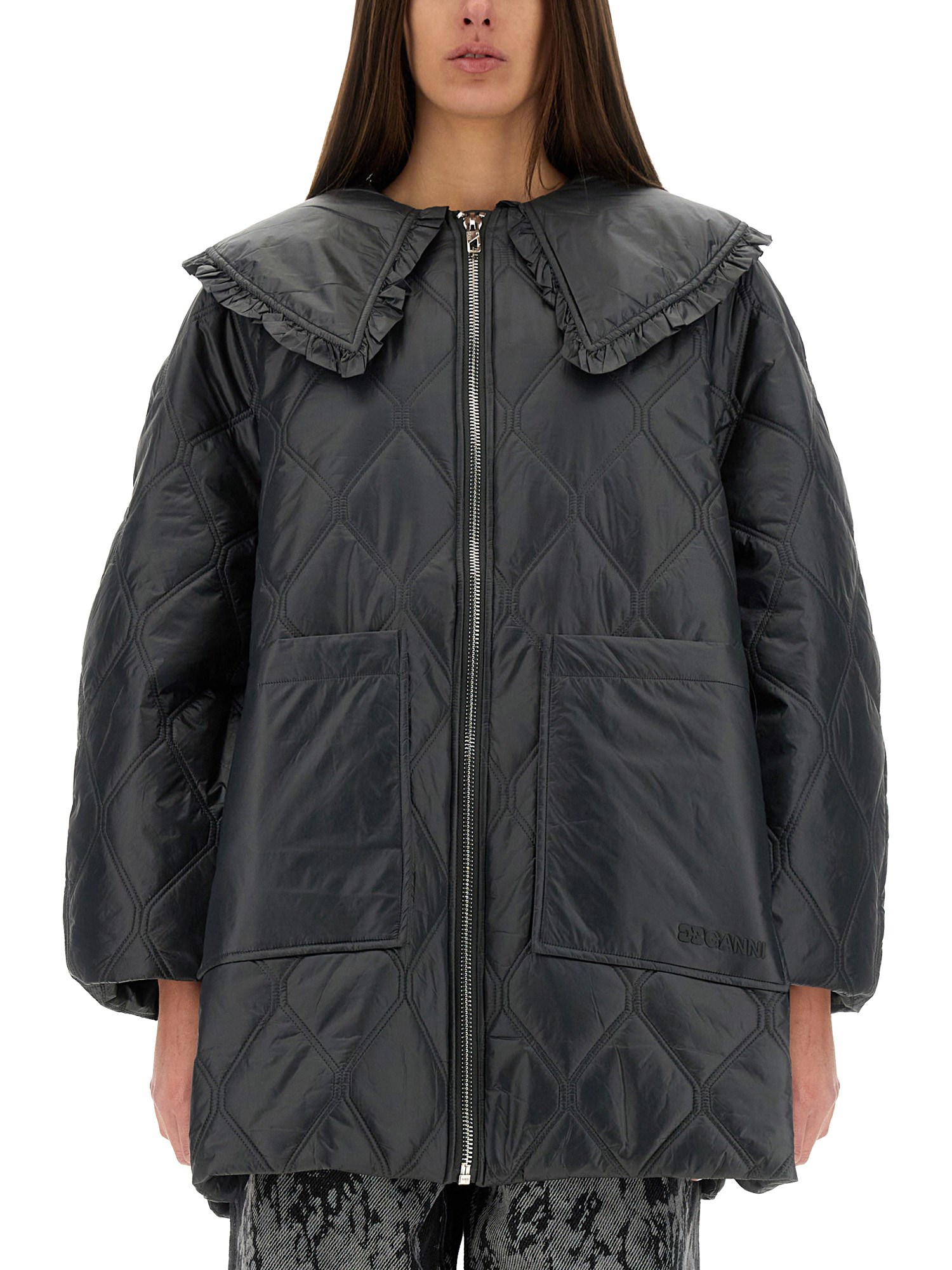 Ganni Womens Black Sand Shiny Quilted Recycled-nylon Jacket In Black