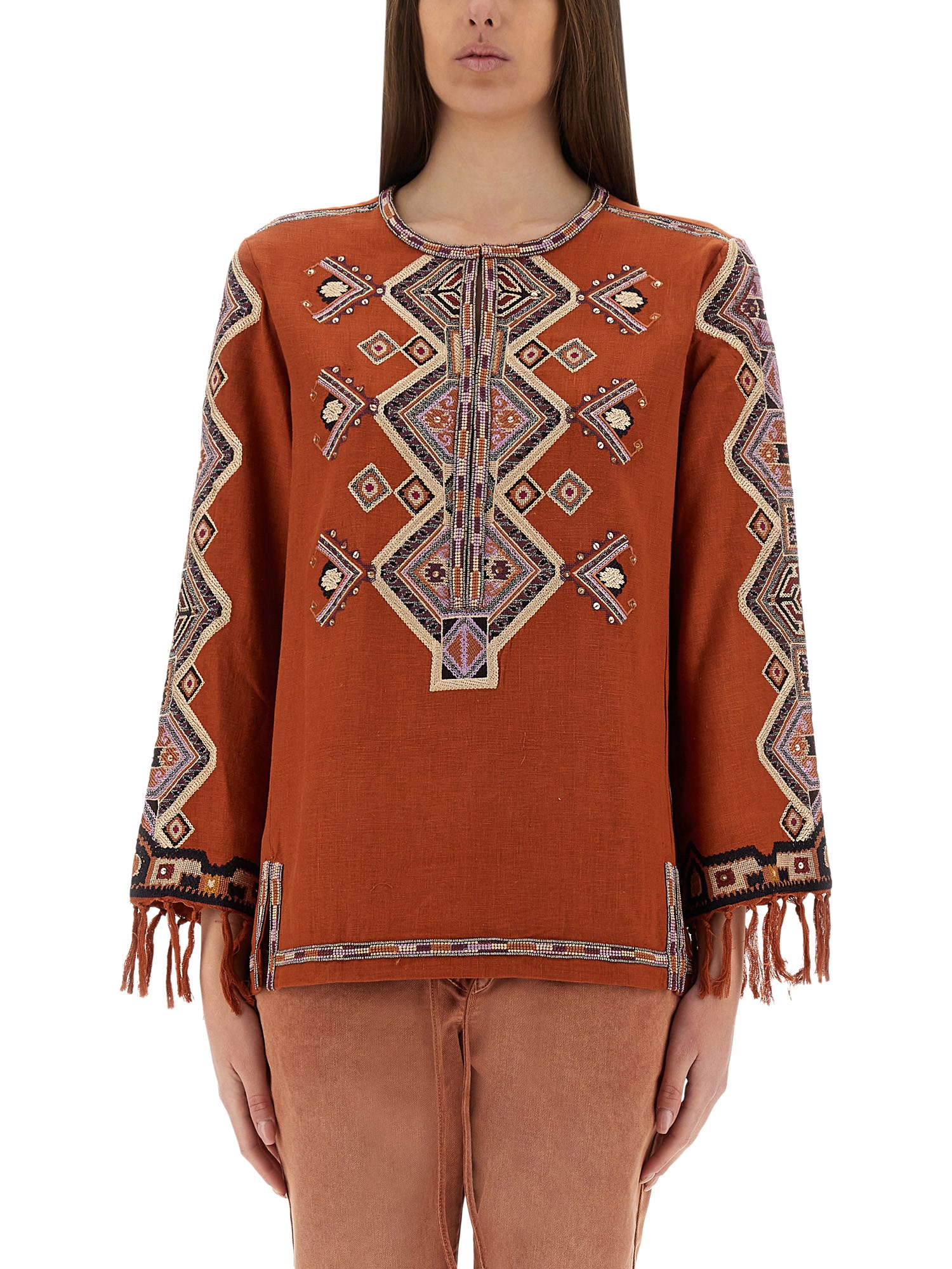 Isabel Marant Silk Blouse Embroidered Geometric Pattern In Multicolour