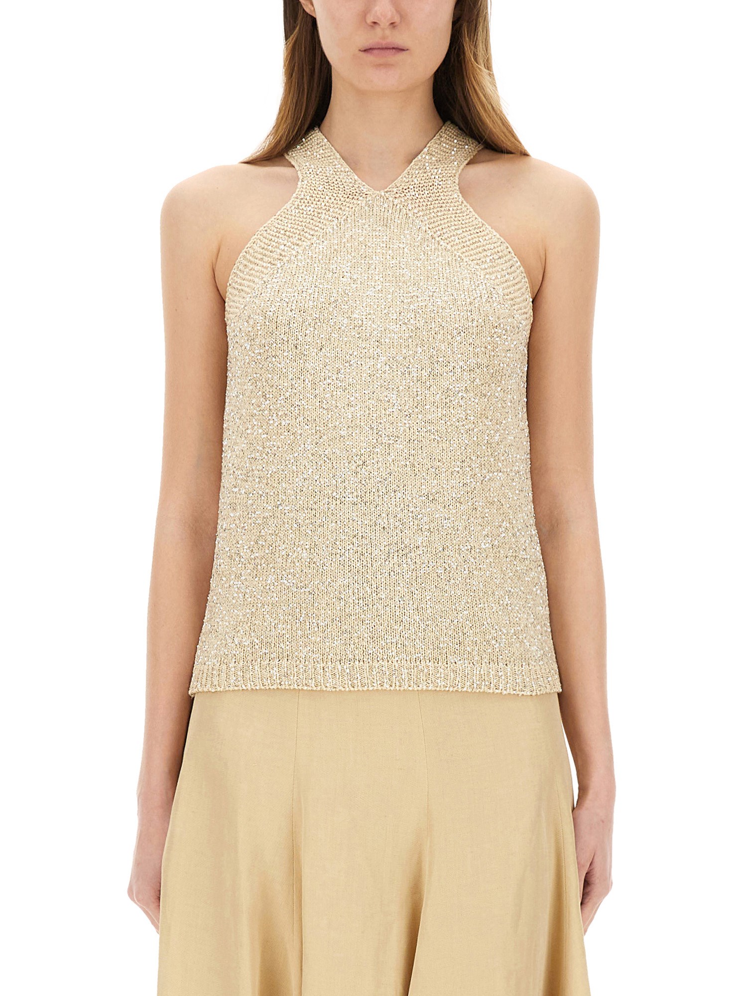Fabiana Filippi Cotton Knit Tank Top With Sequins In Beige