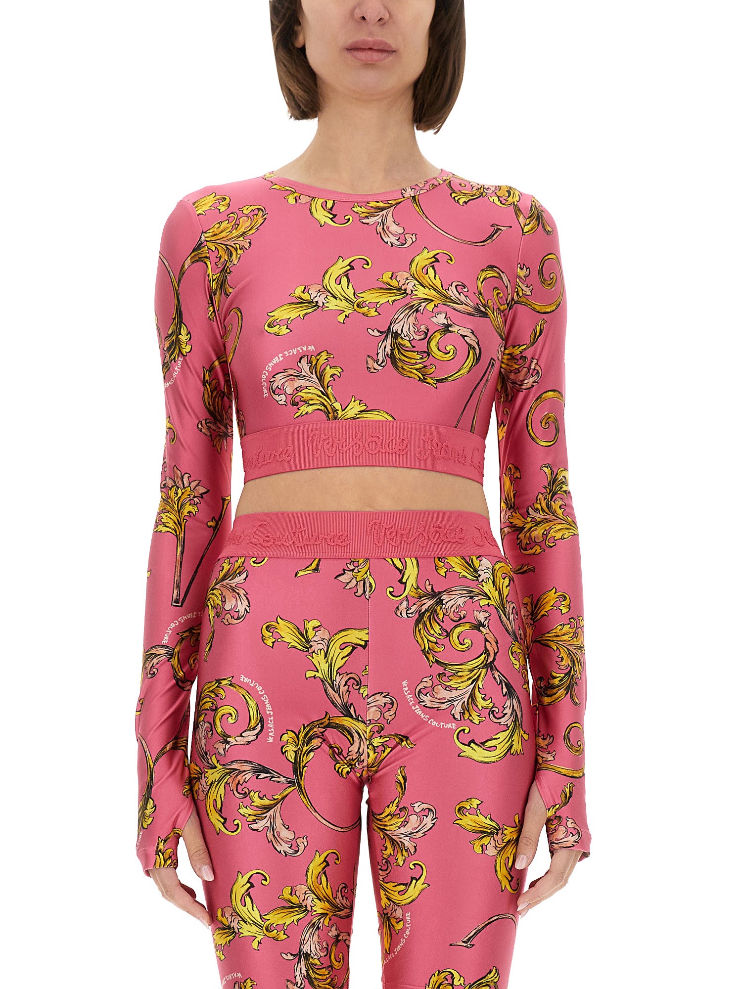 Versace Jeans Couture Outline Barocco Crop Top In Pink
