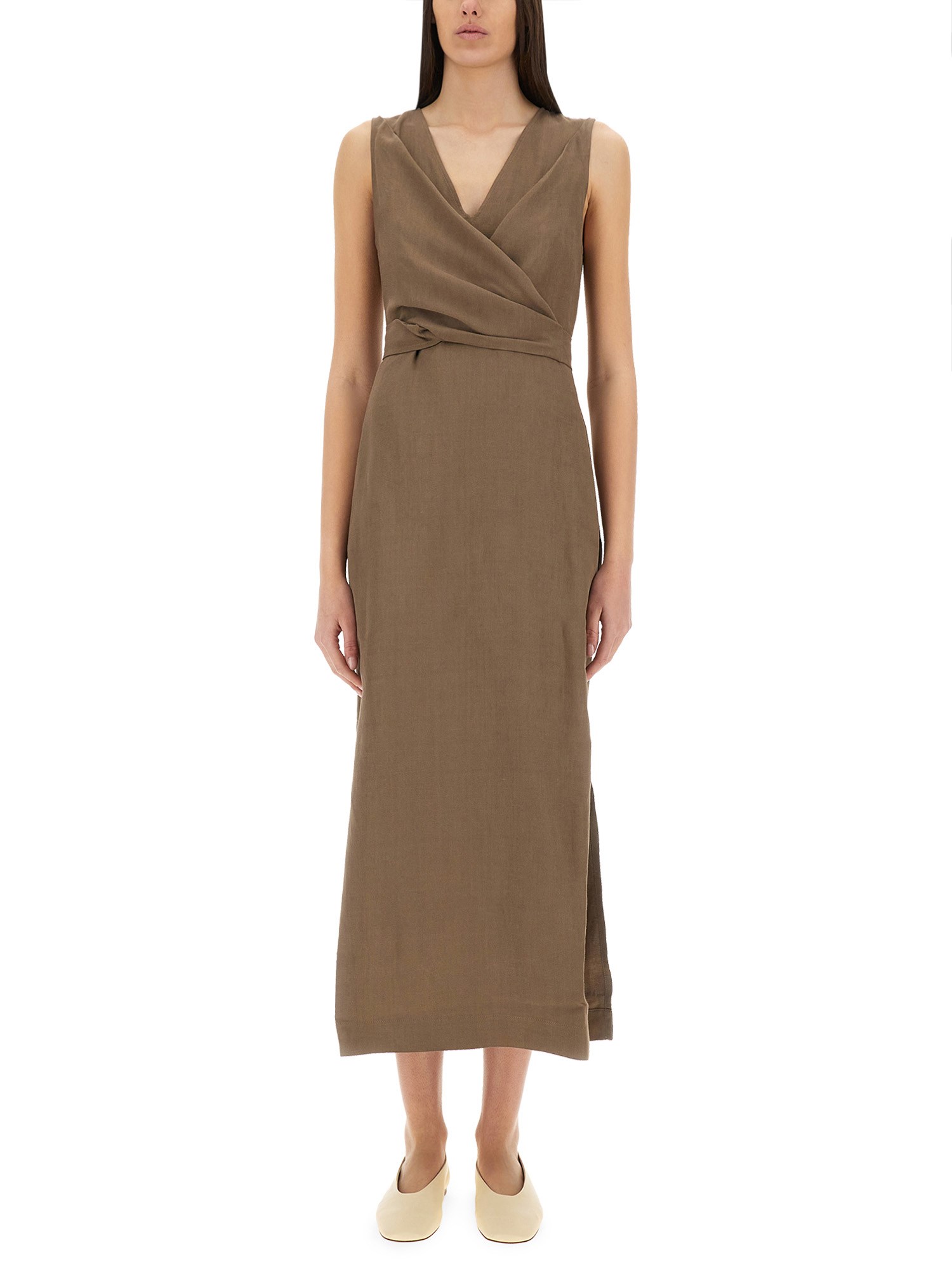Brunello Cucinelli Wrap Effect Linen Dress In Brown