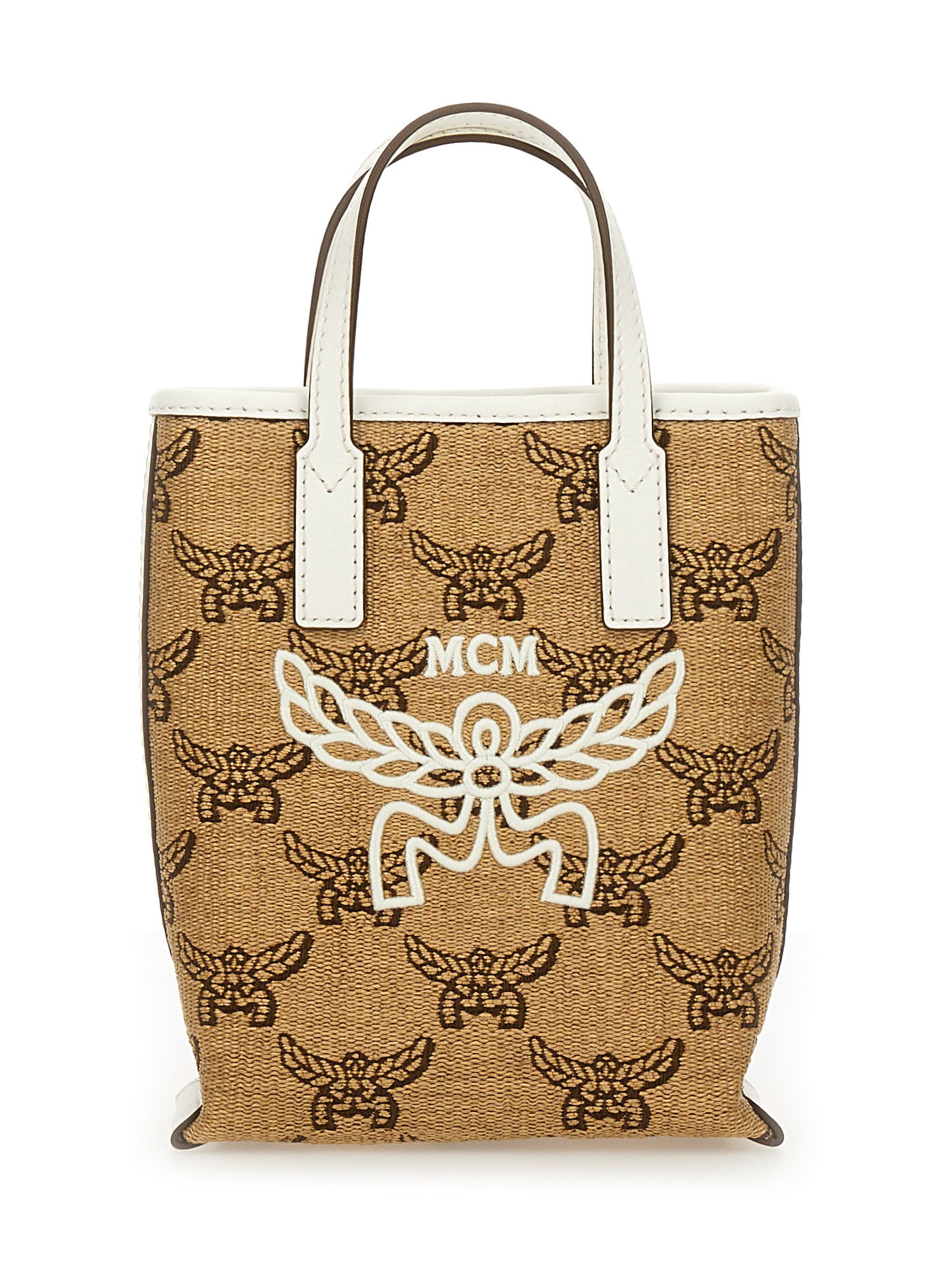 Mcm Structured Tote Bag With Distinctive Embroidery In Neutral