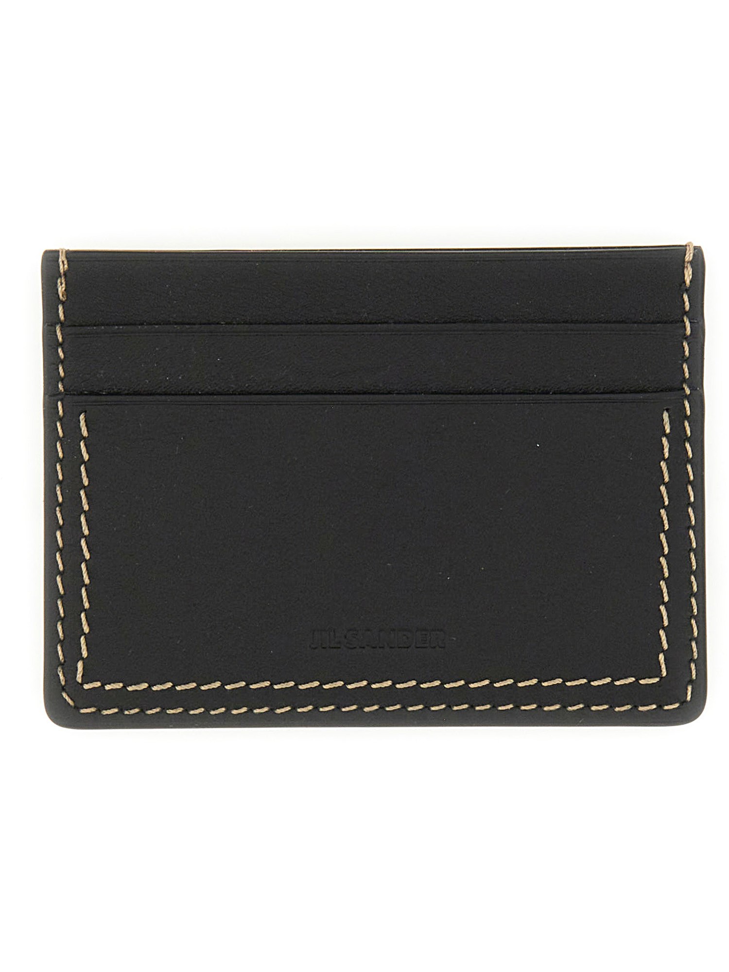 Jil Sander Black Leather Card Holder With Contrasting Stitching In Black