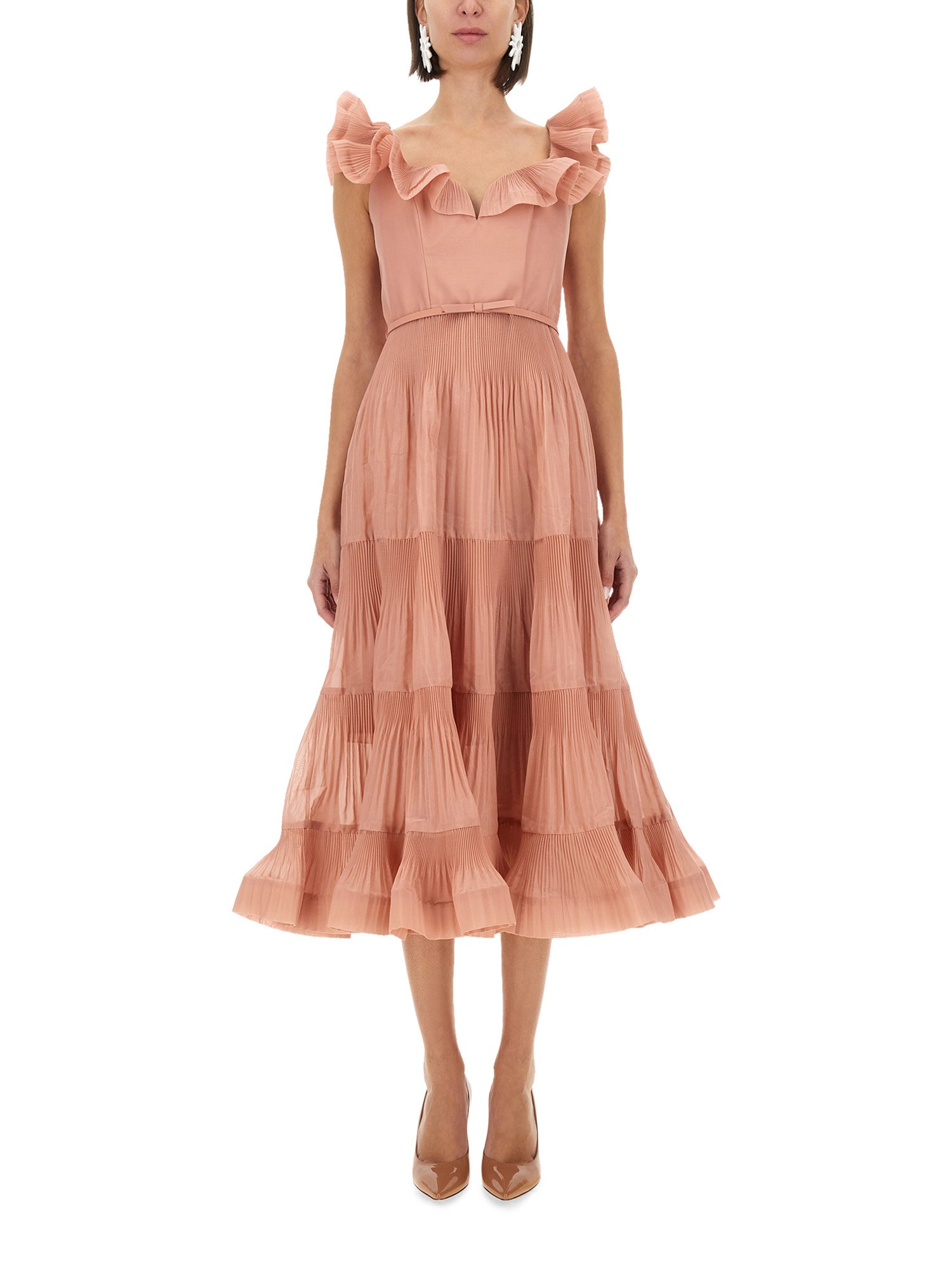 Zimmermann Pleated Frill Midi Dress In Pink