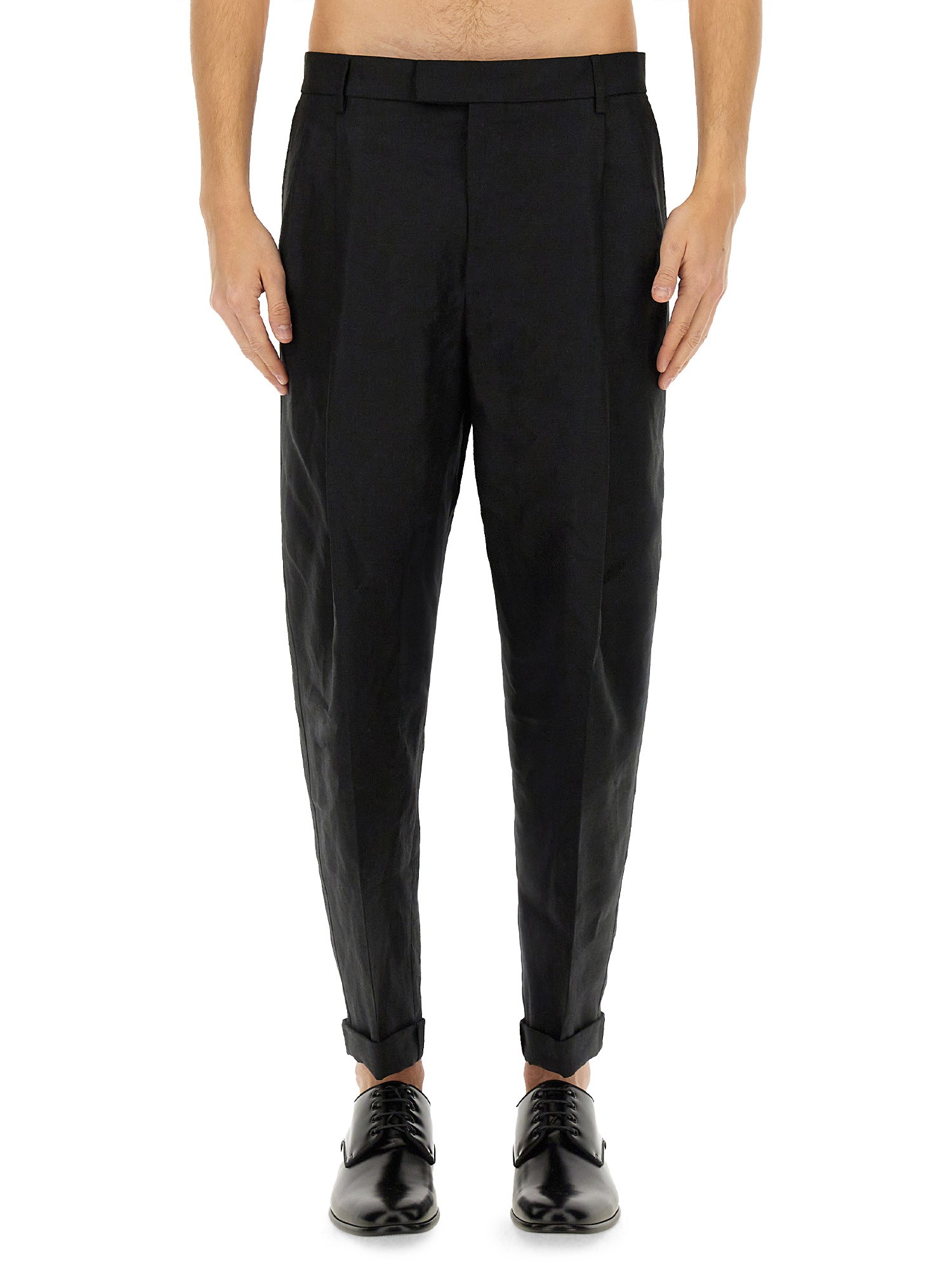 Dolce & Gabbana Black Pants With Turn-up Hem In Linen Man In Black