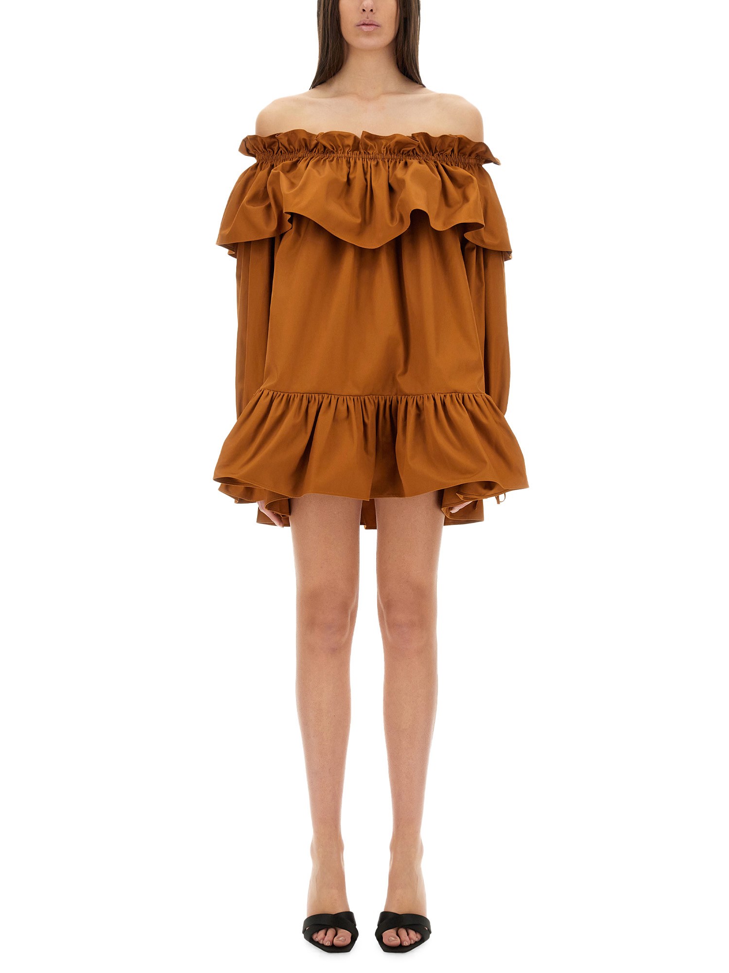 Saint Laurent Brown Ruffle Dress With Bare Shoulders In Cotton Twill Woman In Brown