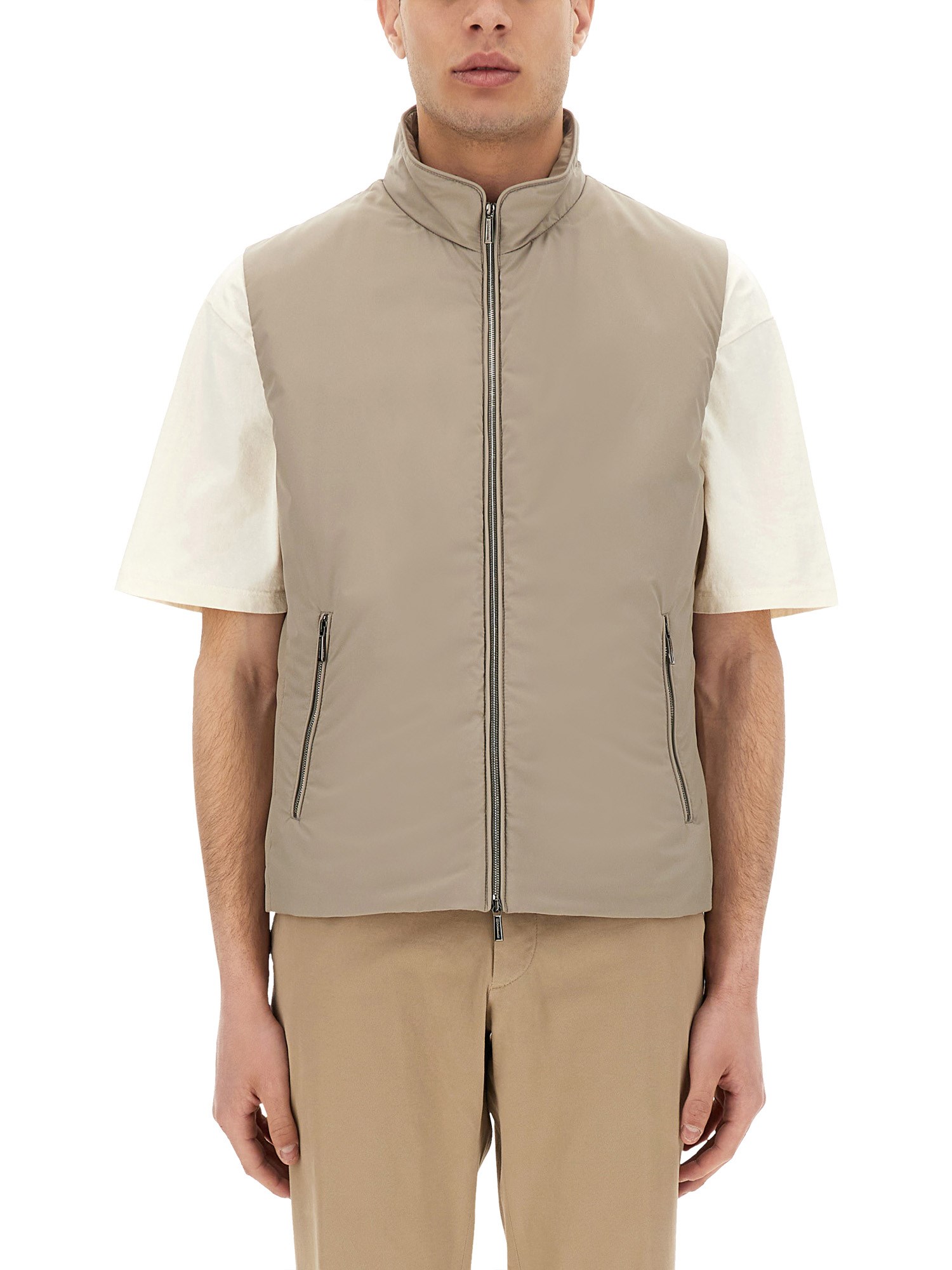 Moorer High Collar Sleeveless Side Pockets T-shirt In Beige