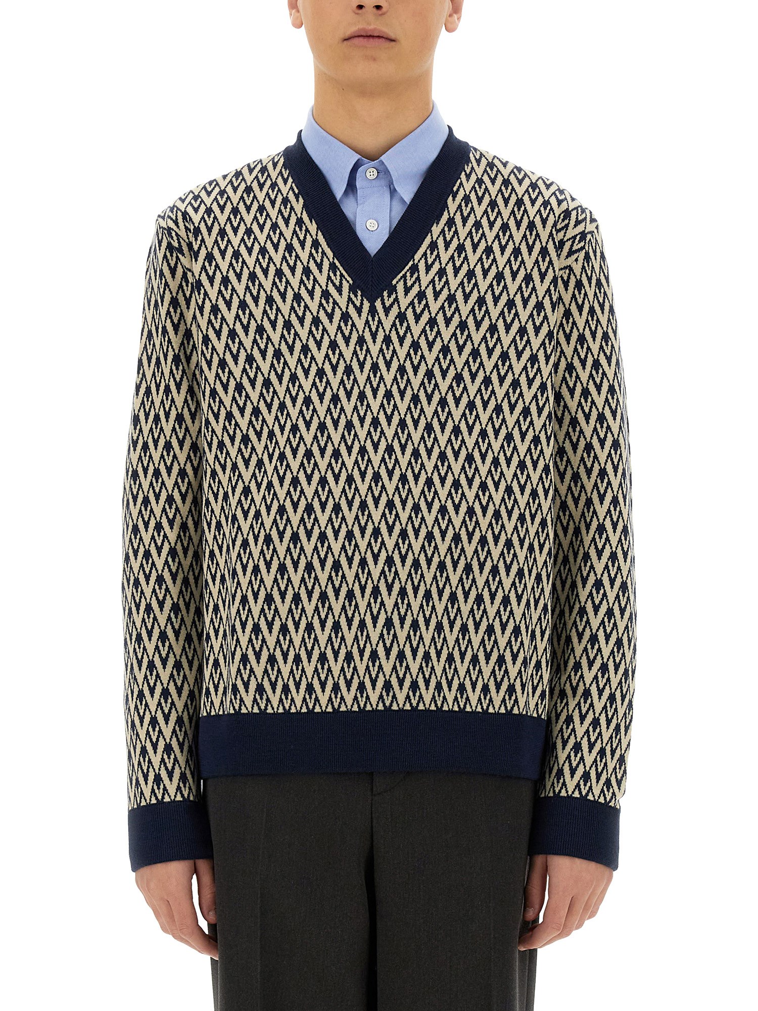 Valentino Wool Jumper With Toute La V Jacquard Pattern In Brown
