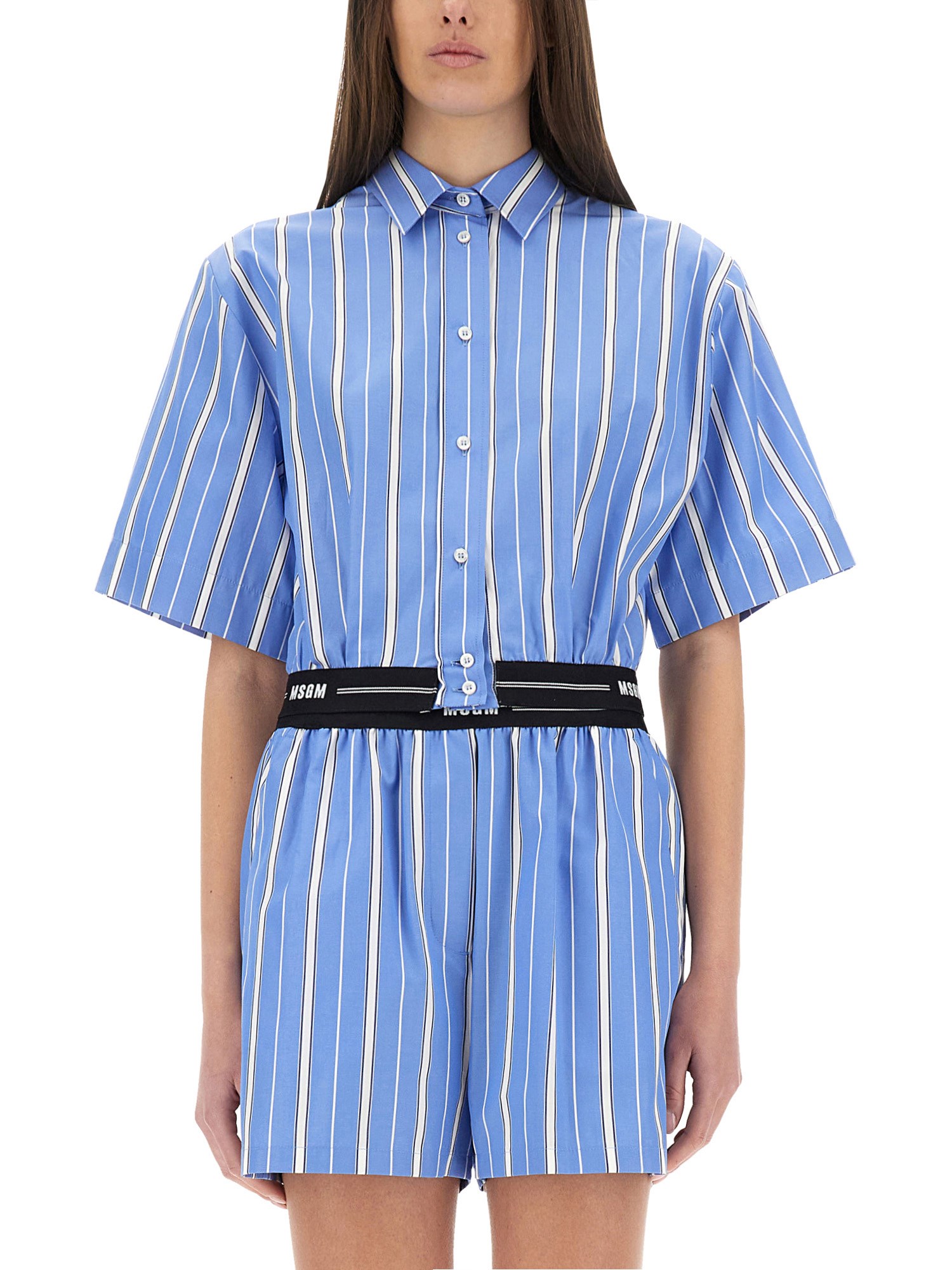 Msgm Collared Neck Cropped Top With Striped Pattern In Azure