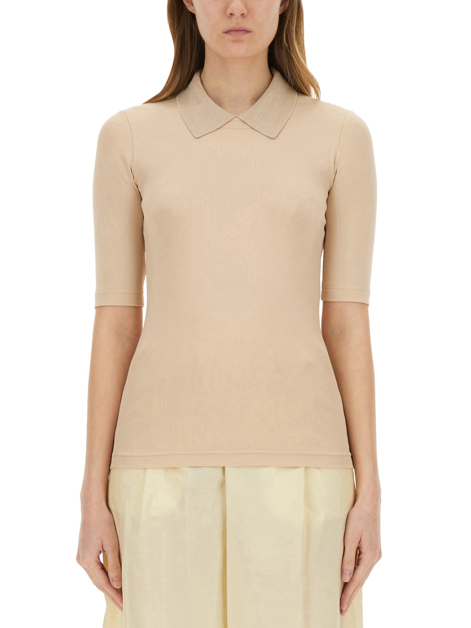Fabiana Filippi Ribbed Collared T-shirt Slim Fit In Nude